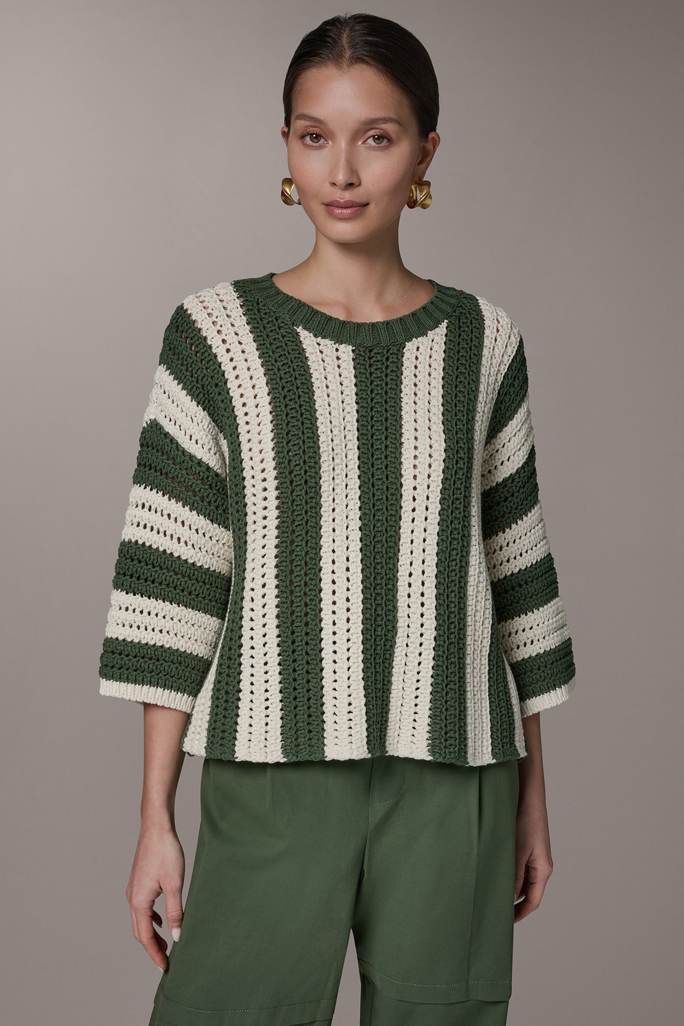 Verde/Cream ELBOW SLEEVE POINTELLE STRIPE SWEATER Donna Karan