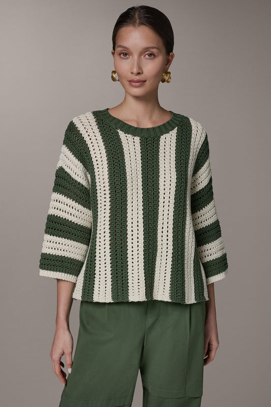 Verde/Cream ELBOW SLEEVE POINTELLE STRIPE SWEATER Donna Karan