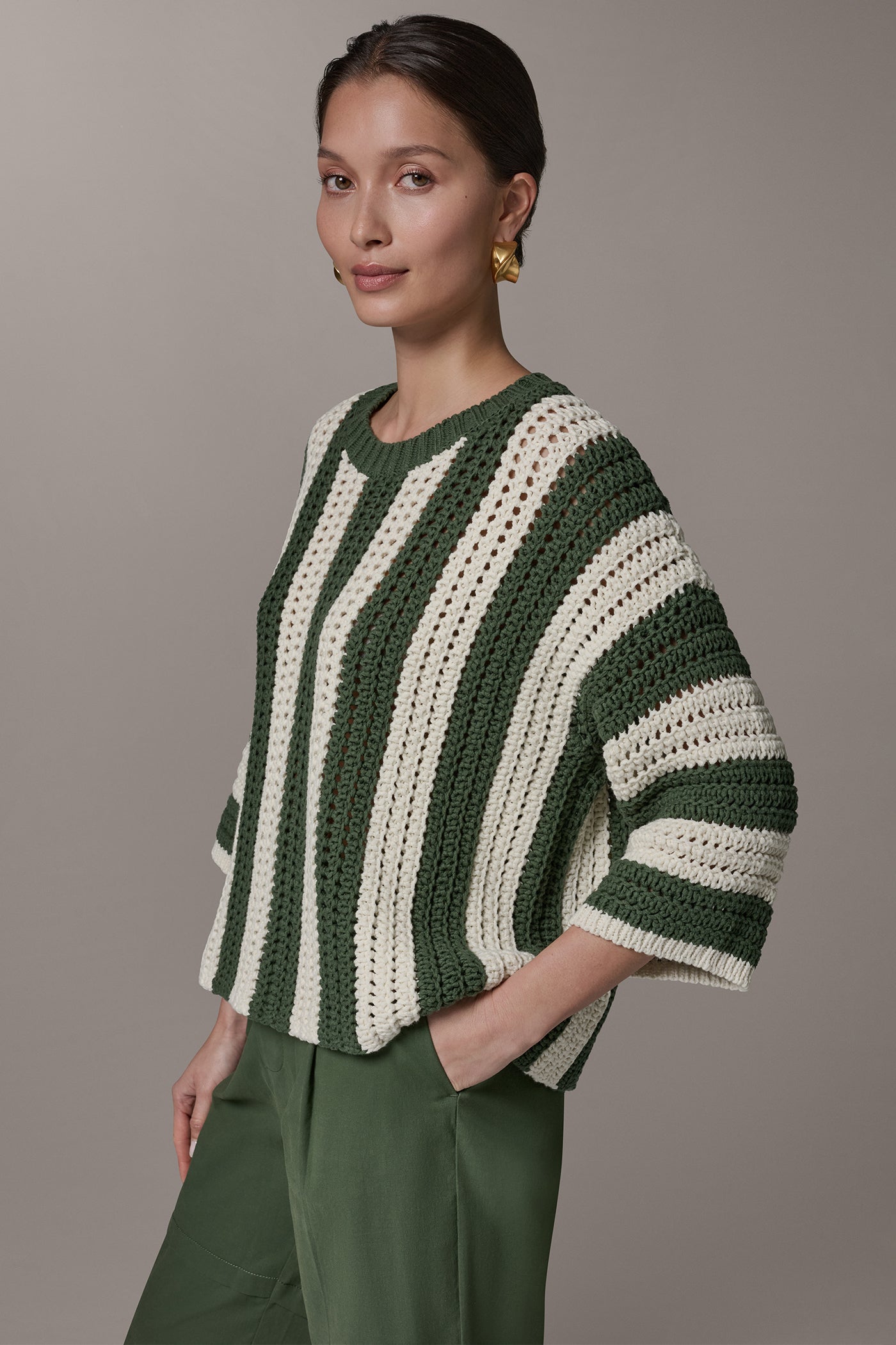 Verde/Cream ELBOW SLEEVE POINTELLE STRIPE SWEATER Donna Karan