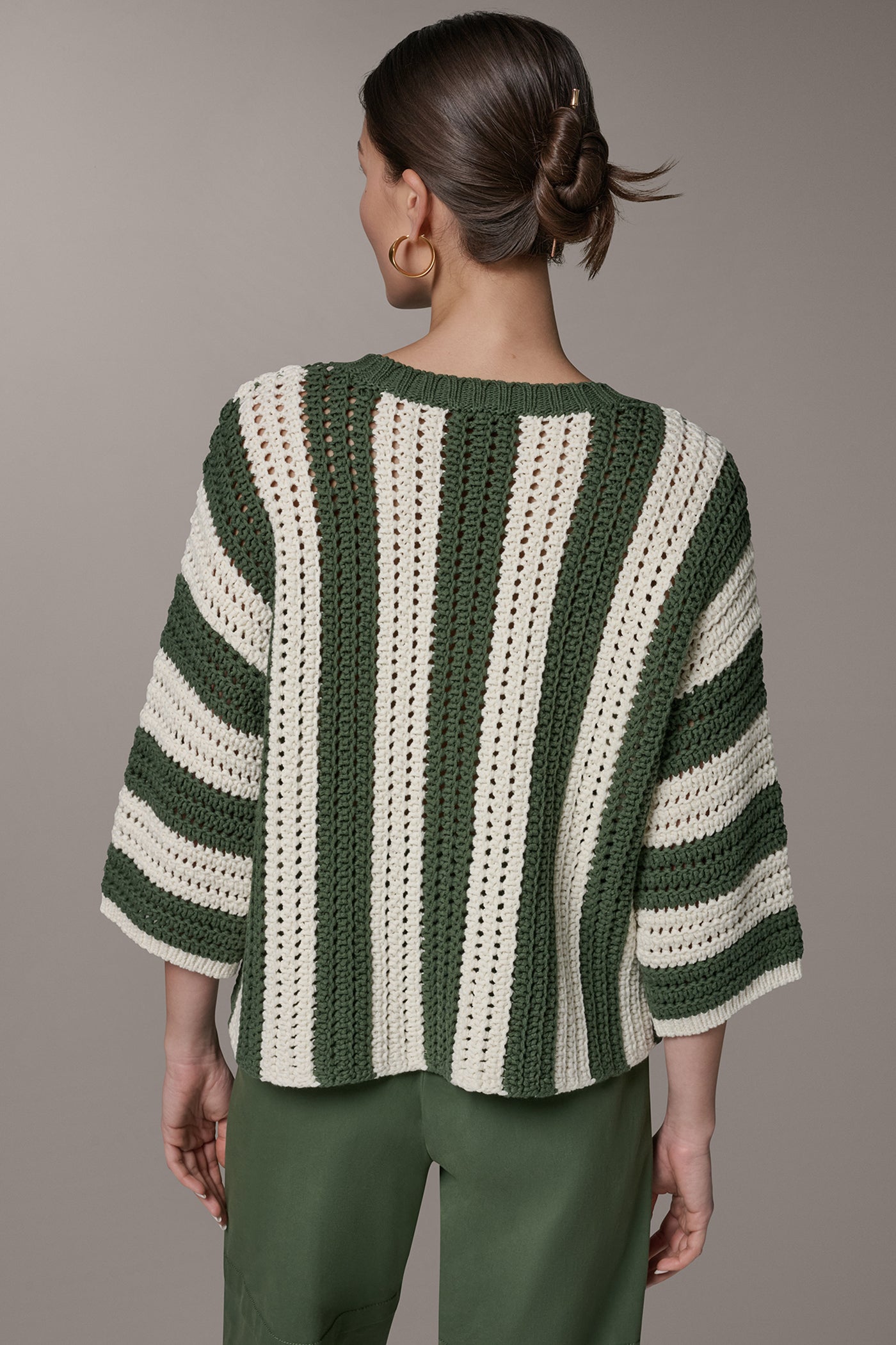 Verde/Cream ELBOW SLEEVE POINTELLE STRIPE SWEATER Donna Karan