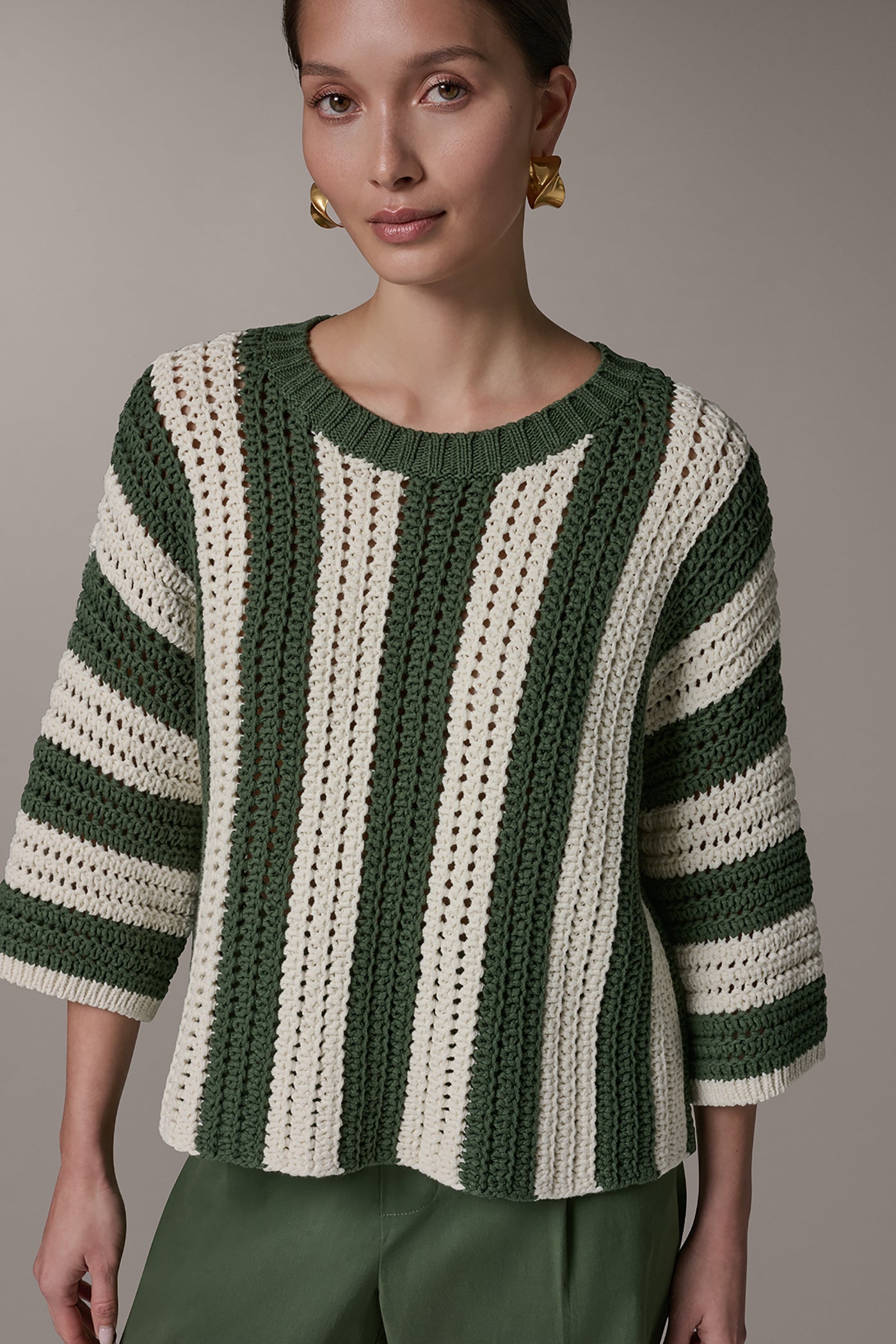 Verde/Cream ELBOW SLEEVE POINTELLE STRIPE SWEATER Donna Karan