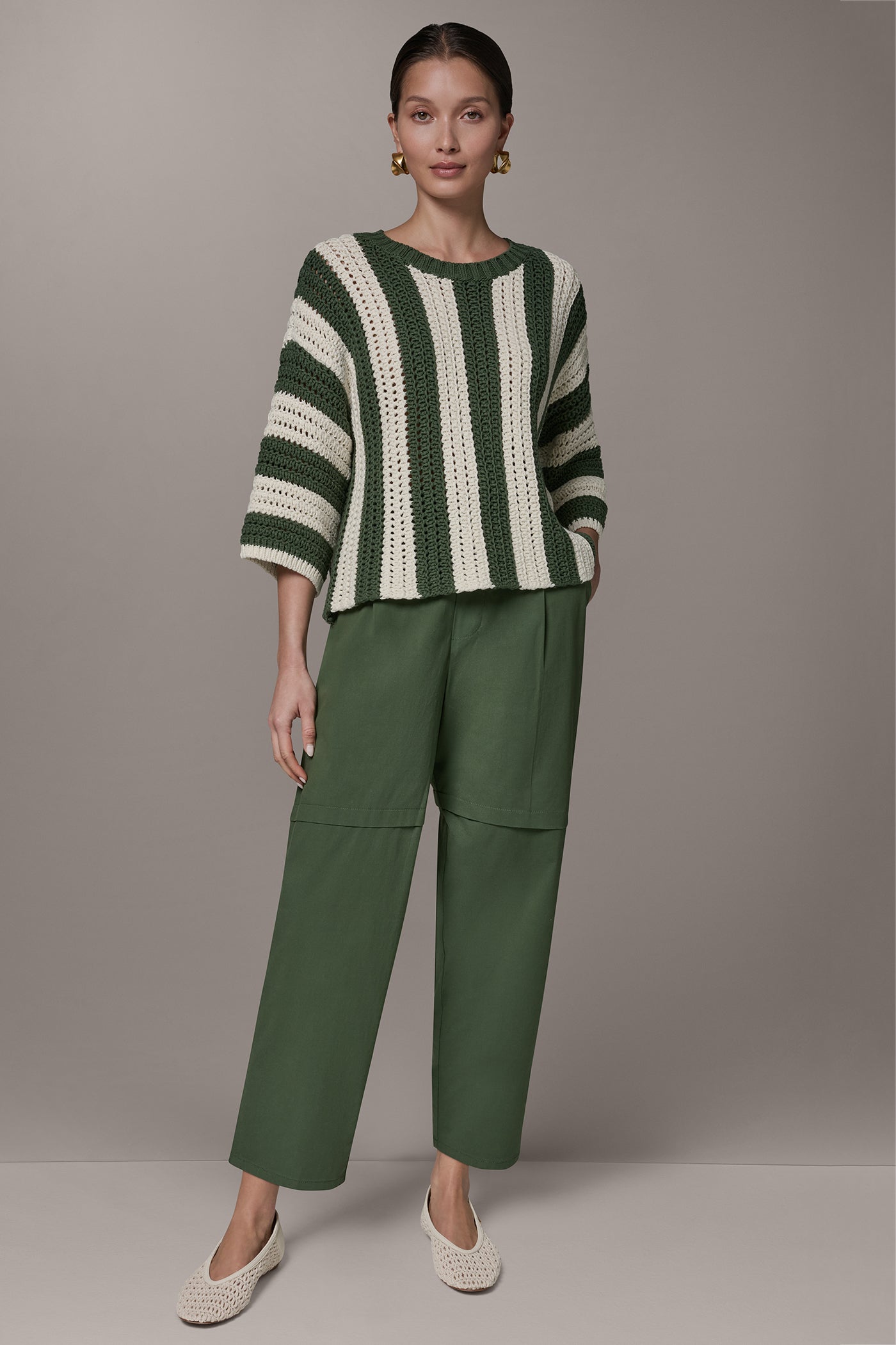Verde/Cream ELBOW SLEEVE POINTELLE STRIPE SWEATER Donna Karan
