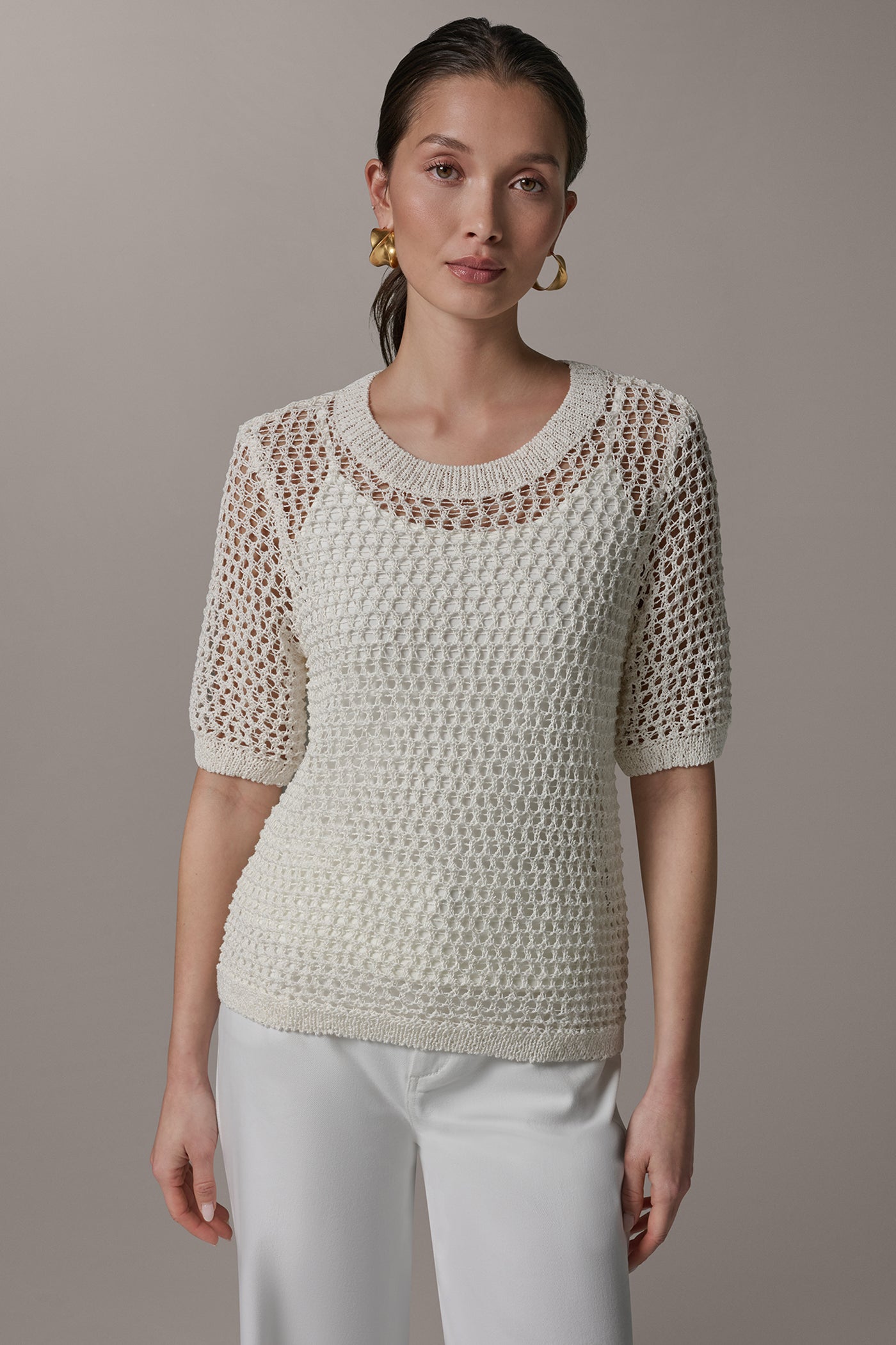 Cream SHORT SLEEVE OPEN STITCH SWEATER Donna Karan
