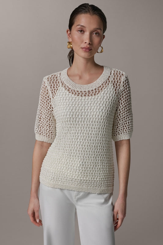 Cream SHORT SLEEVE OPEN STITCH SWEATER Donna Karan