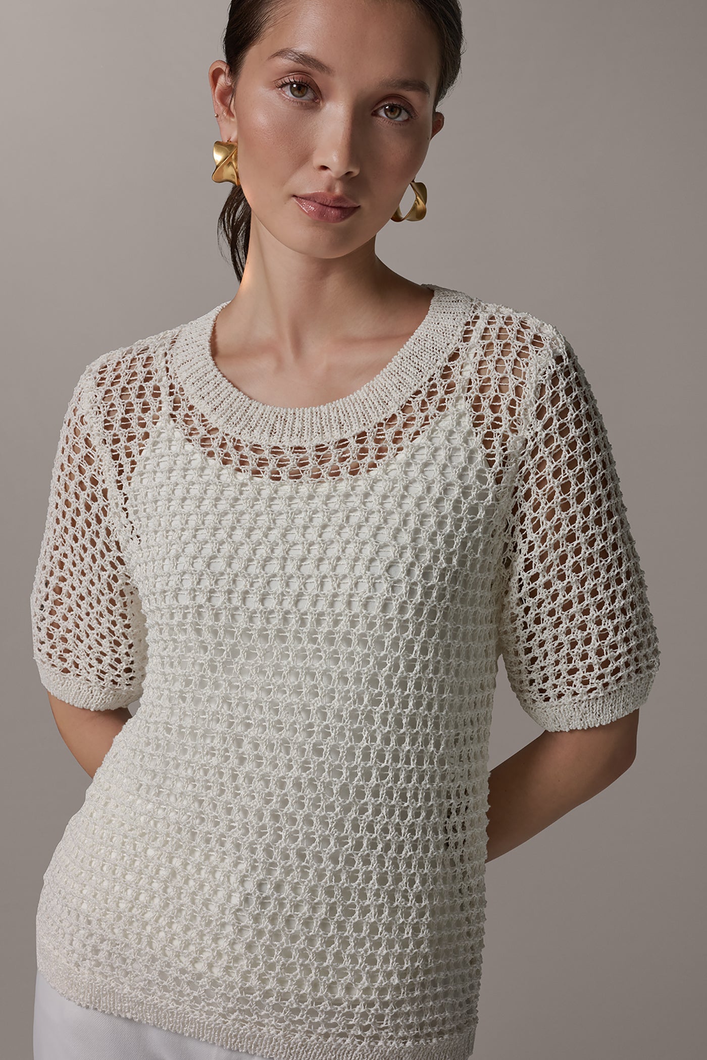 Cream SHORT SLEEVE OPEN STITCH SWEATER Donna Karan