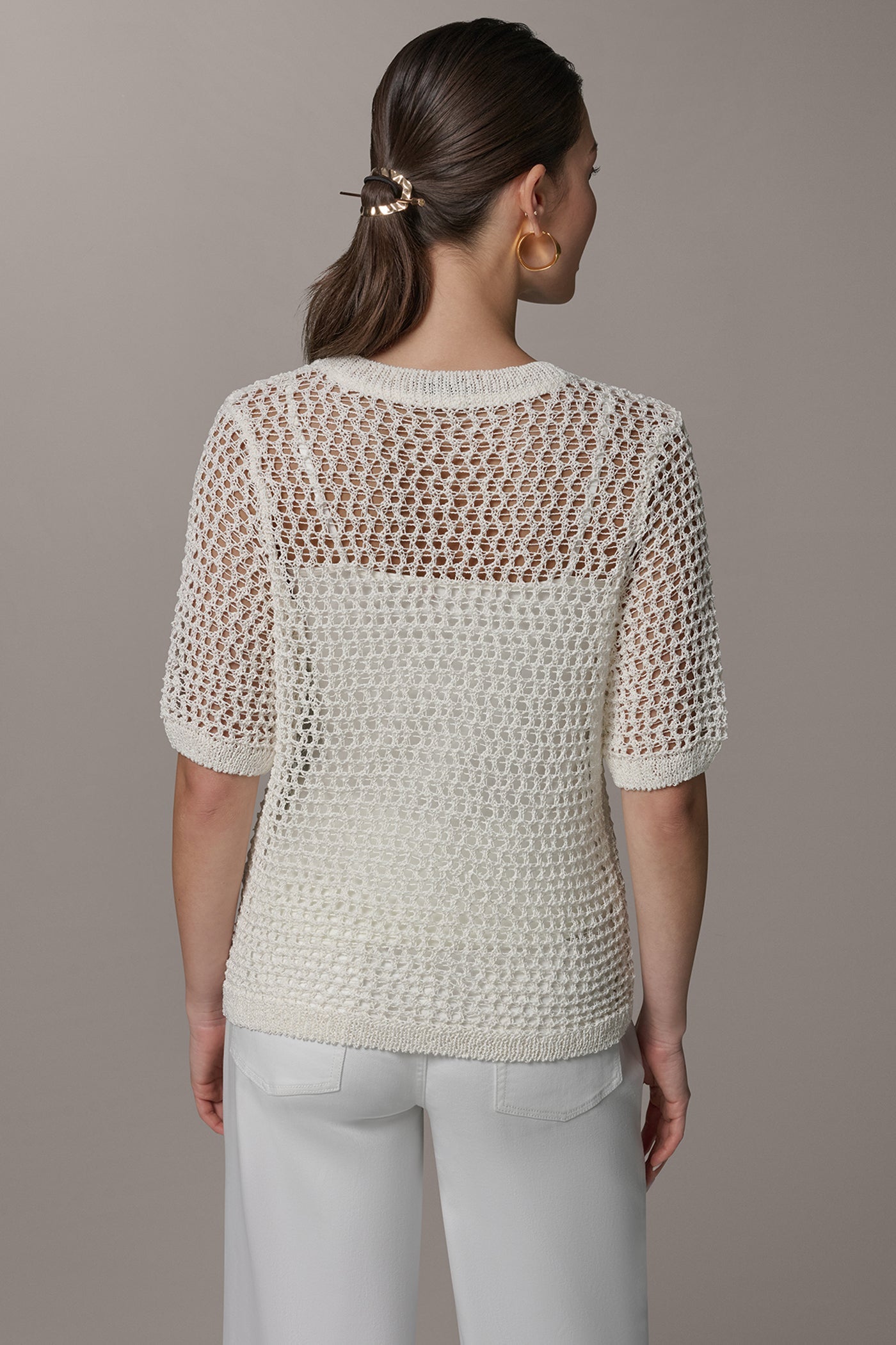 Cream SHORT SLEEVE OPEN STITCH SWEATER Donna Karan