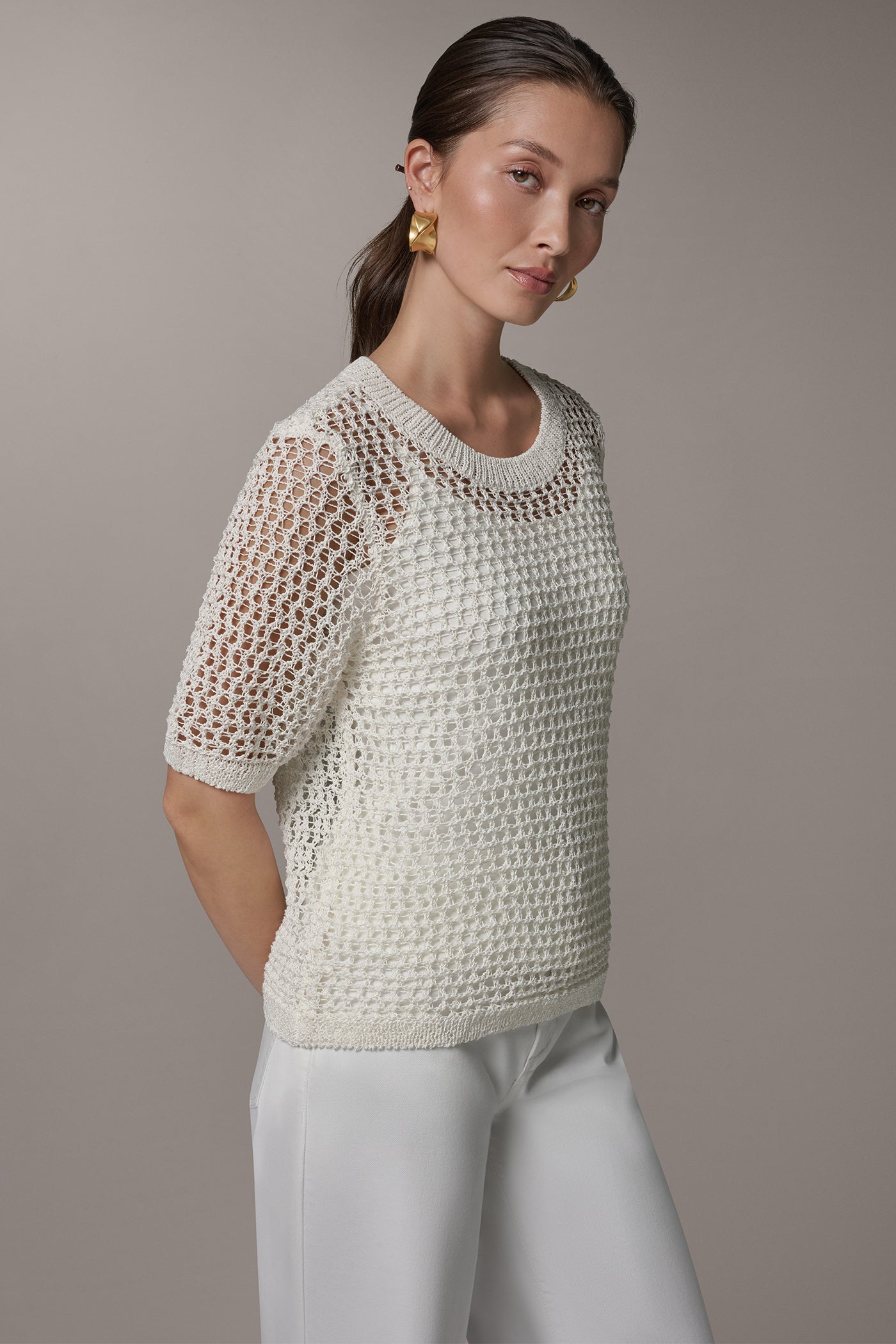 Cream SHORT SLEEVE OPEN STITCH SWEATER Donna Karan
