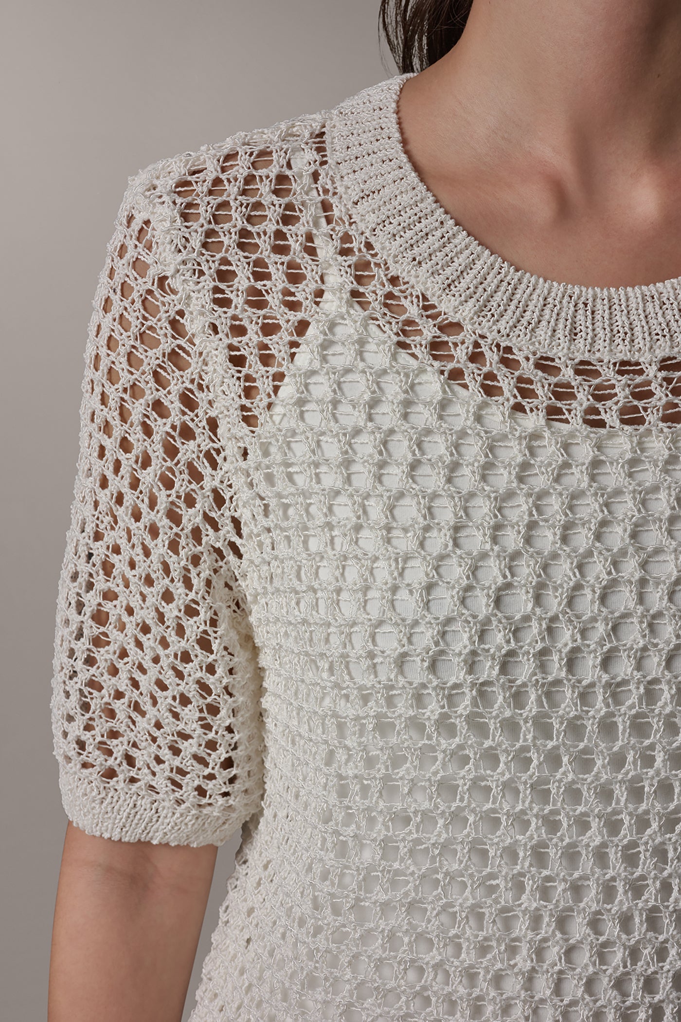 Cream SHORT SLEEVE OPEN STITCH SWEATER Donna Karan