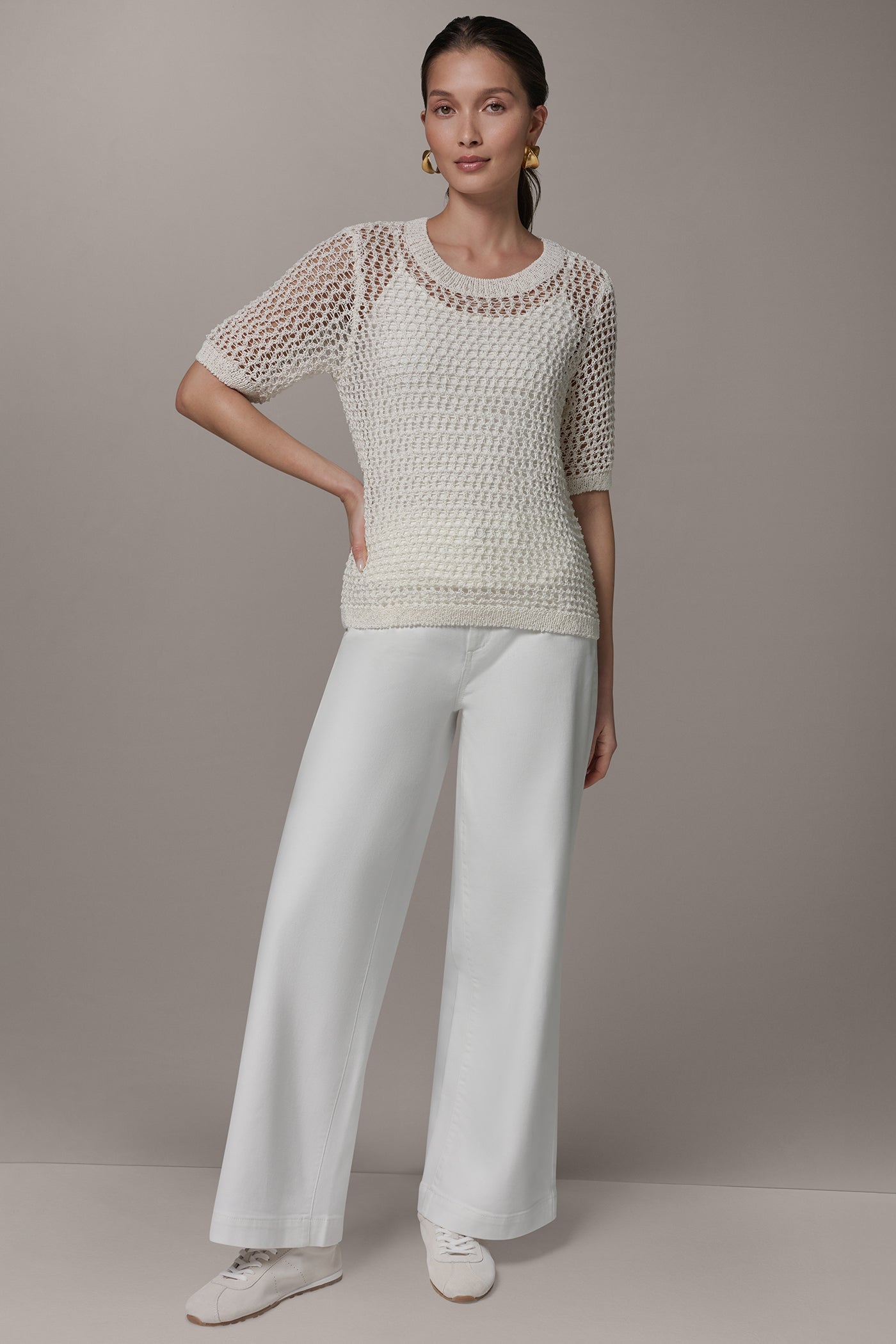 Cream SHORT SLEEVE OPEN STITCH SWEATER Donna Karan