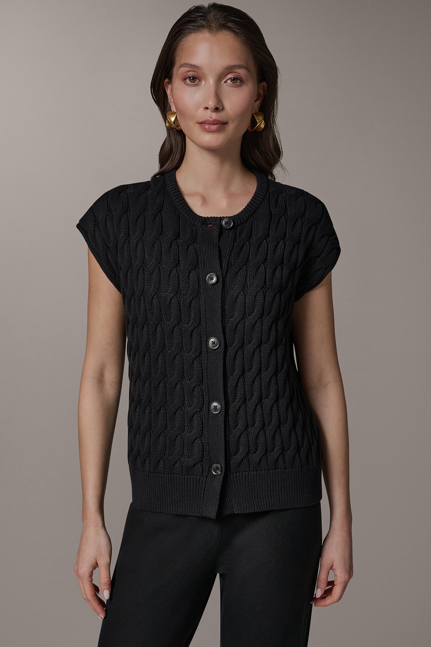 Black SLEEVELESS CABLE KNIT VEST Donna Karan