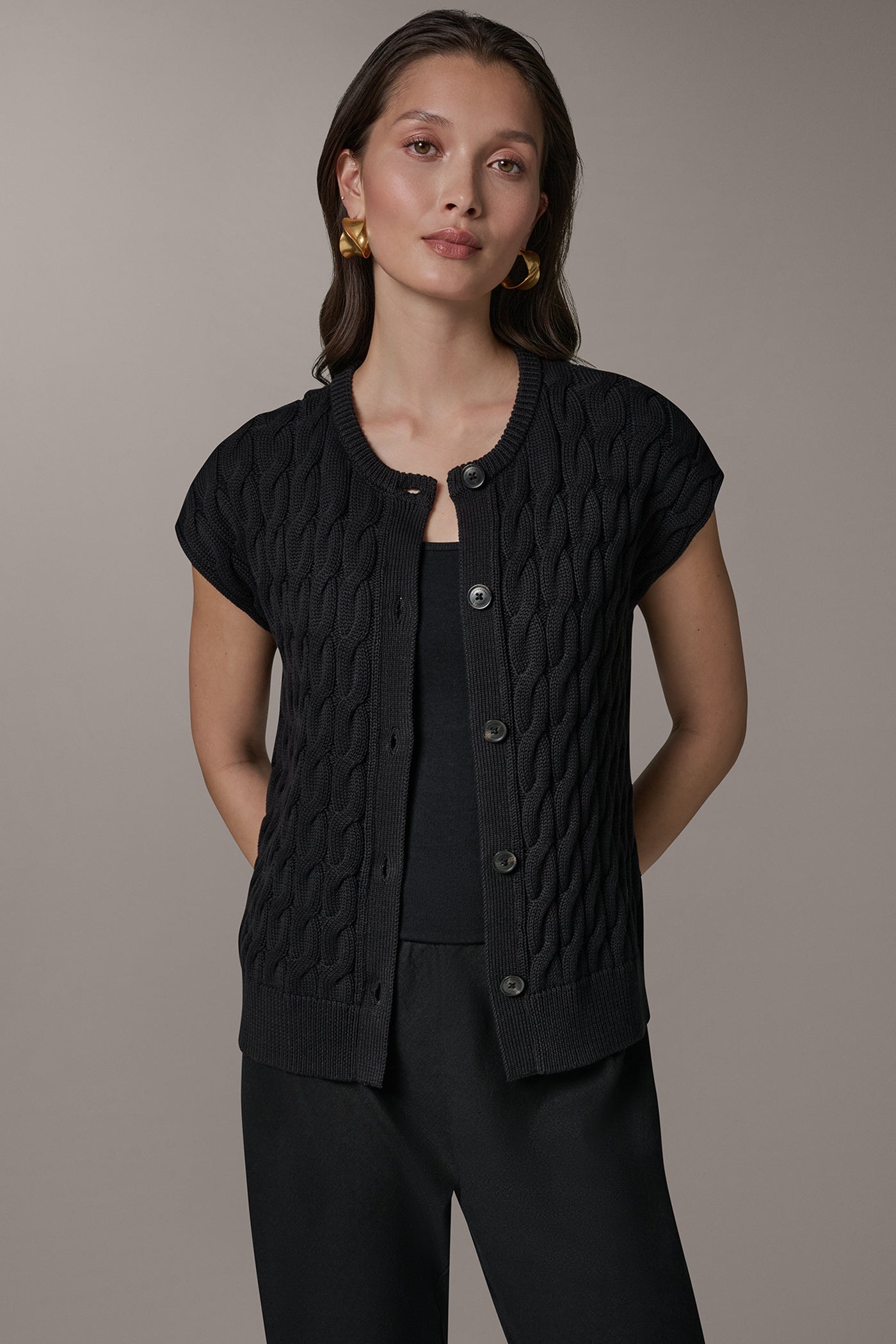 Black SLEEVELESS CABLE KNIT VEST Donna Karan