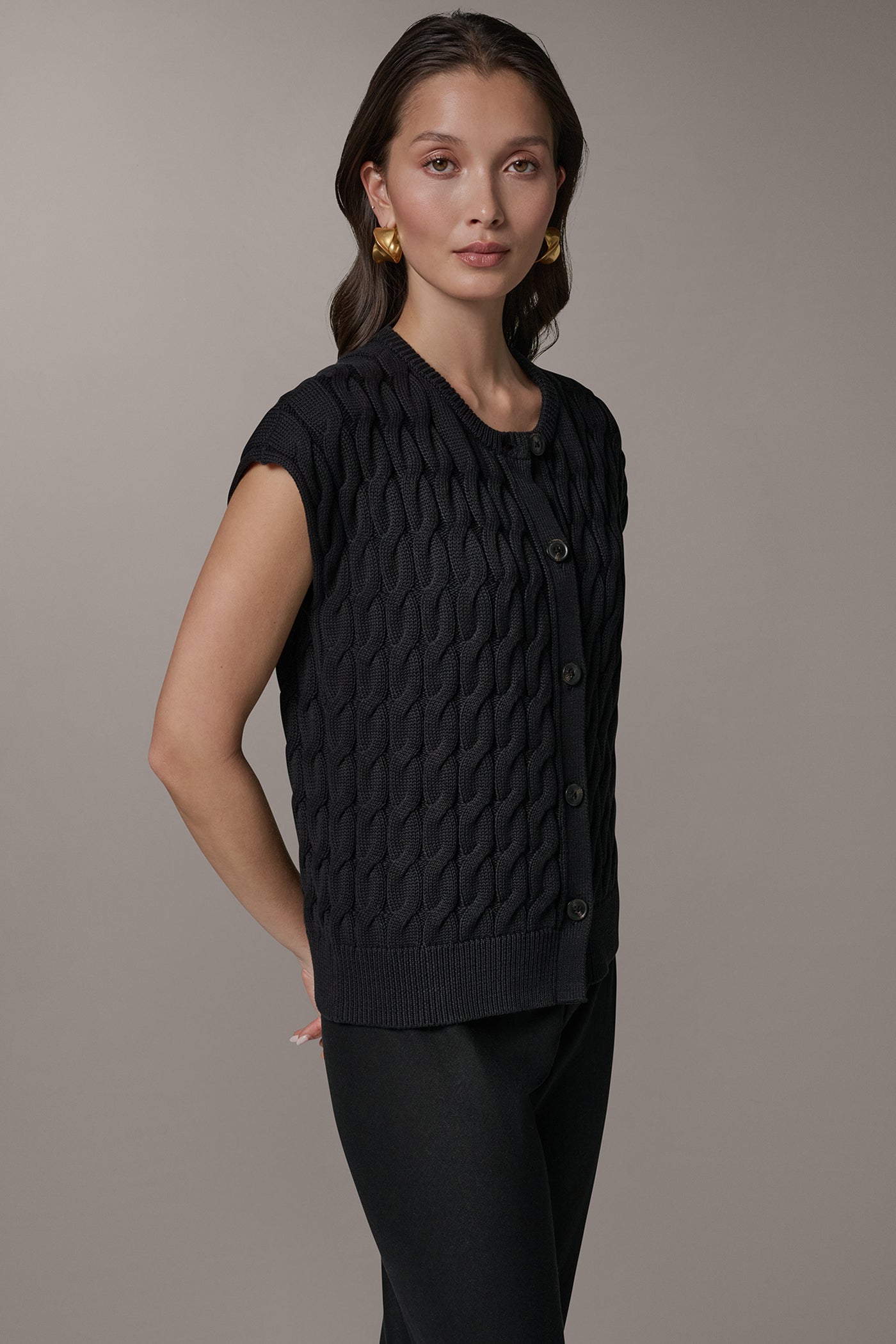 Black SLEEVELESS CABLE KNIT VEST Donna Karan