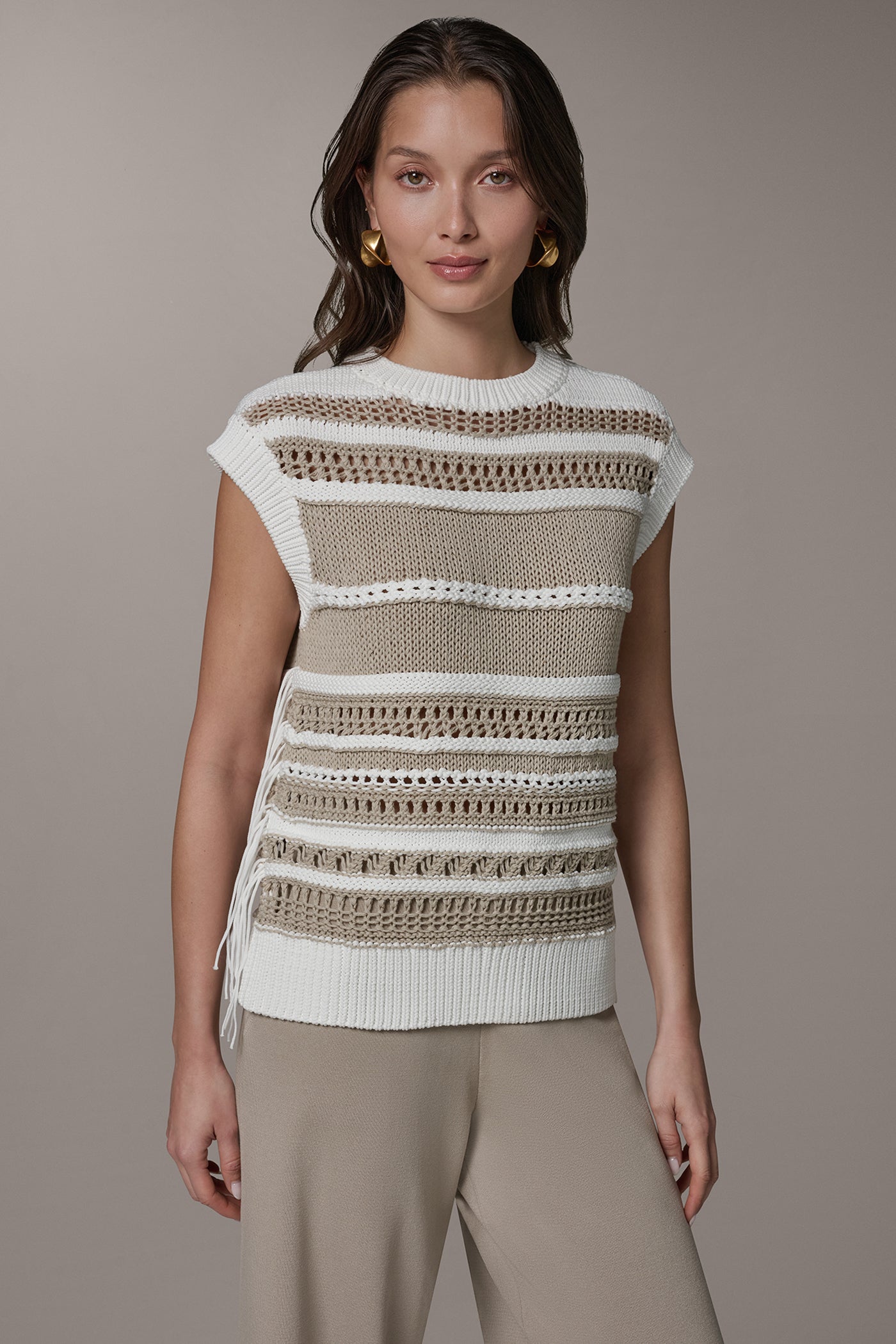 Cream/Sandstone SLEEVELESS STRIPE FRINGE SEQUIN SWEATER Donna Karan
