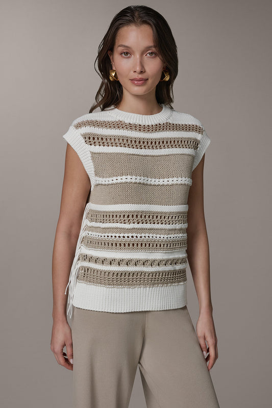 Cream/Sandstone SLEEVELESS STRIPE FRINGE SEQUIN SWEATER Donna Karan