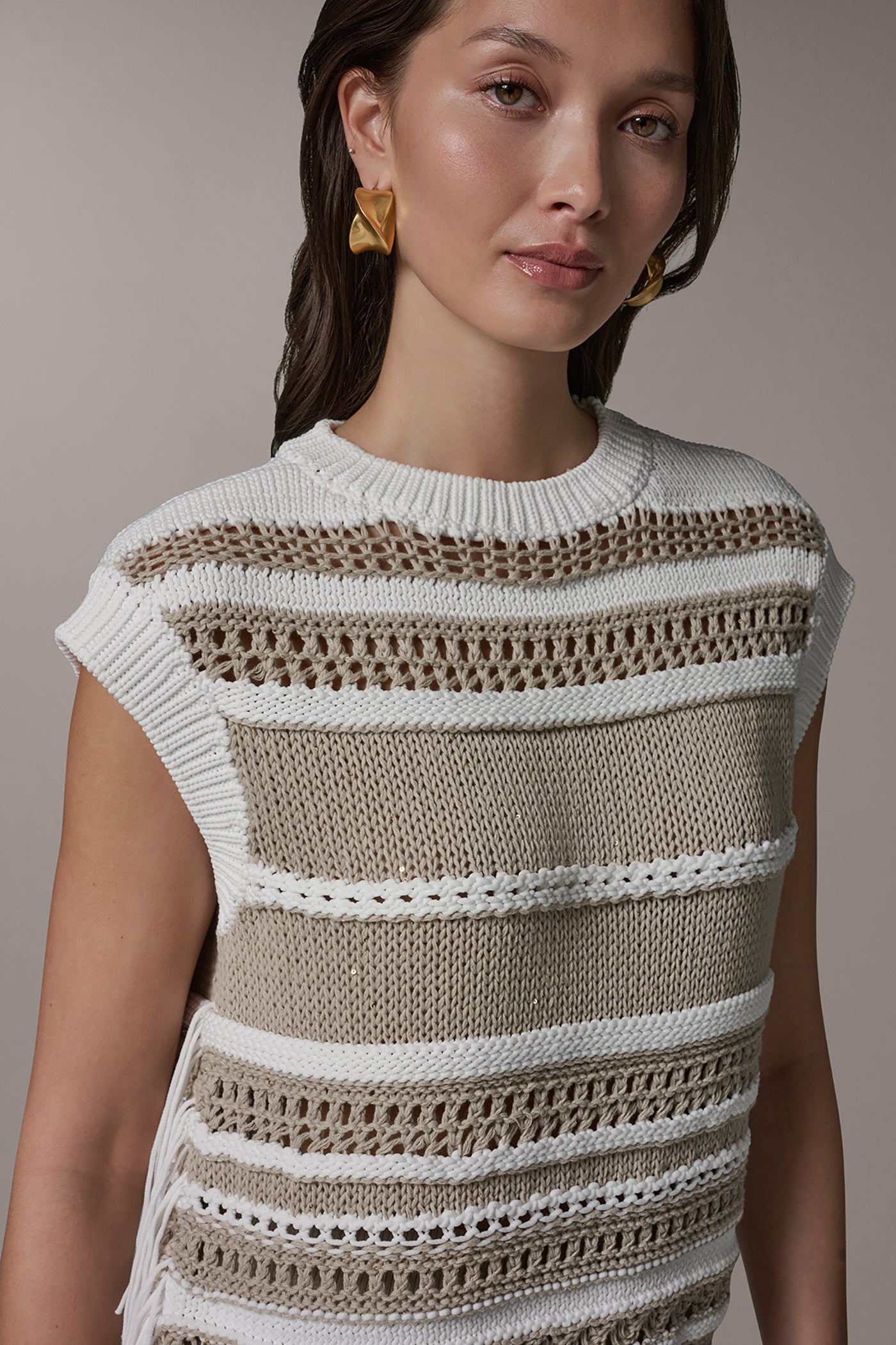 Cream/Sandstone SLEEVELESS STRIPE FRINGE SEQUIN SWEATER Donna Karan