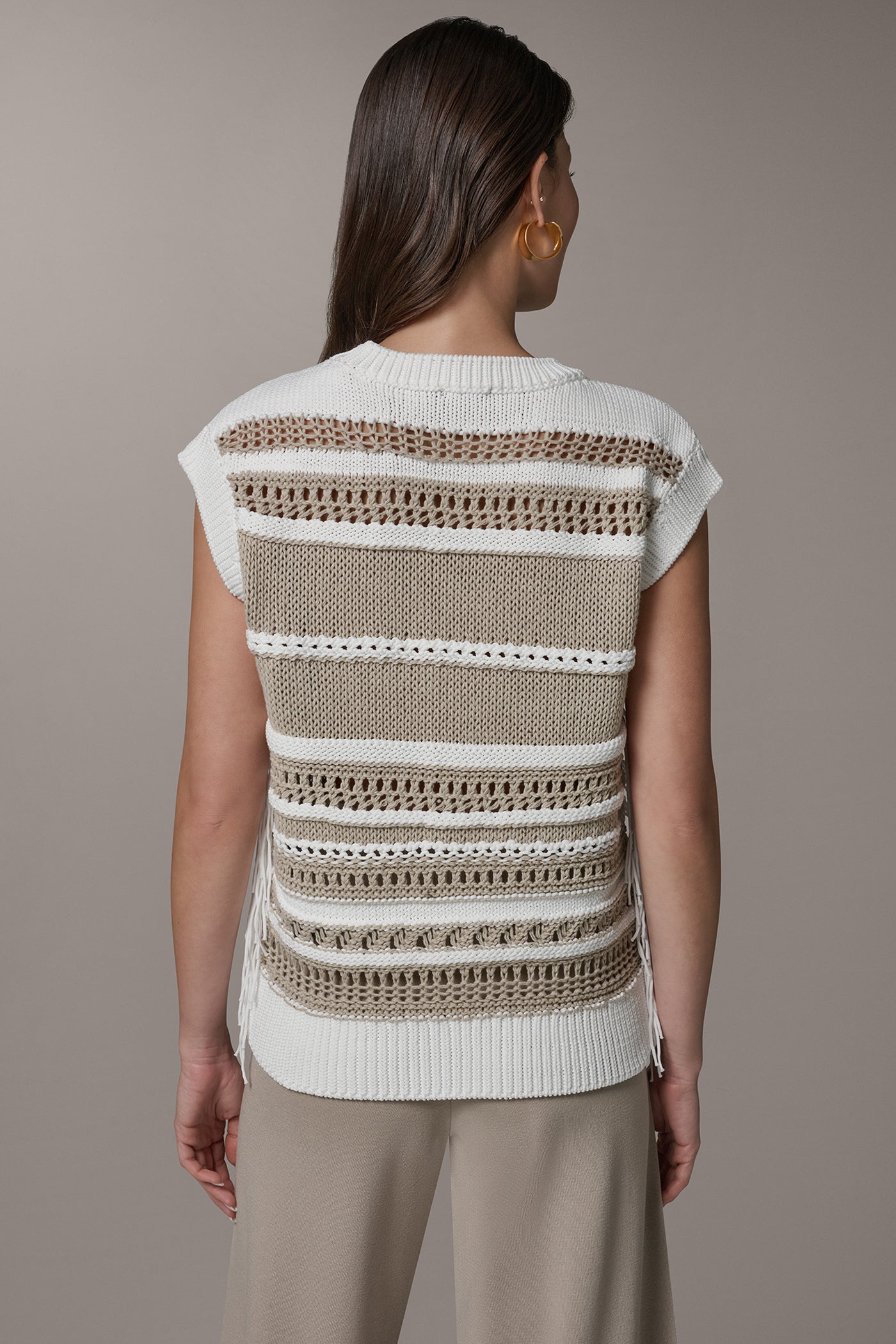 Cream/Sandstone SLEEVELESS STRIPE FRINGE SEQUIN SWEATER Donna Karan