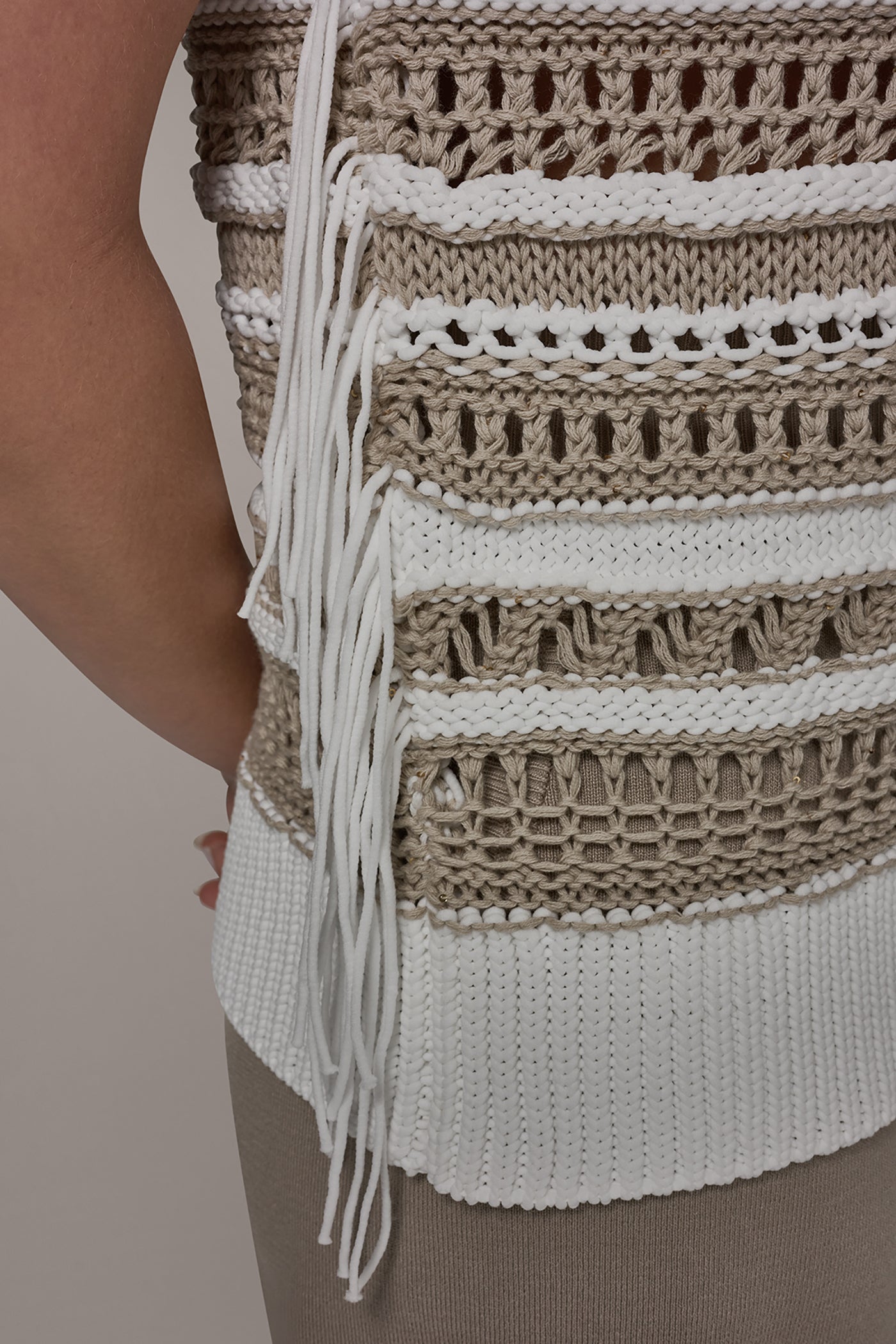 Cream/Sandstone SLEEVELESS STRIPE FRINGE SEQUIN SWEATER Donna Karan