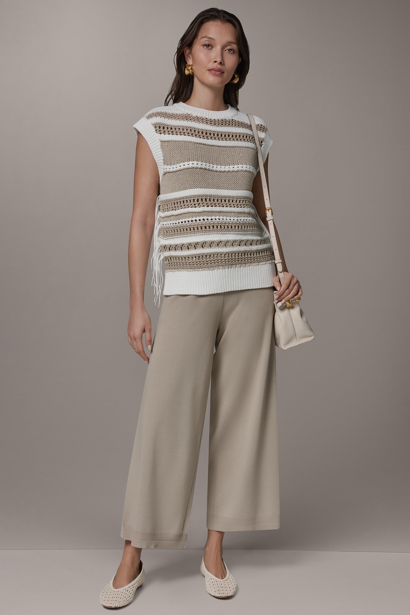Cream/Sandstone SLEEVELESS STRIPE FRINGE SEQUIN SWEATER Donna Karan