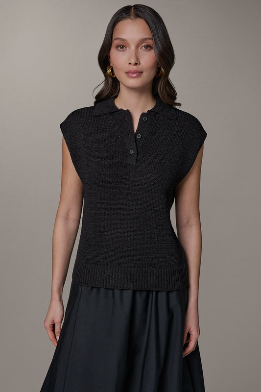 Black SLEEVELESS POLO SWEATER Donna Karan