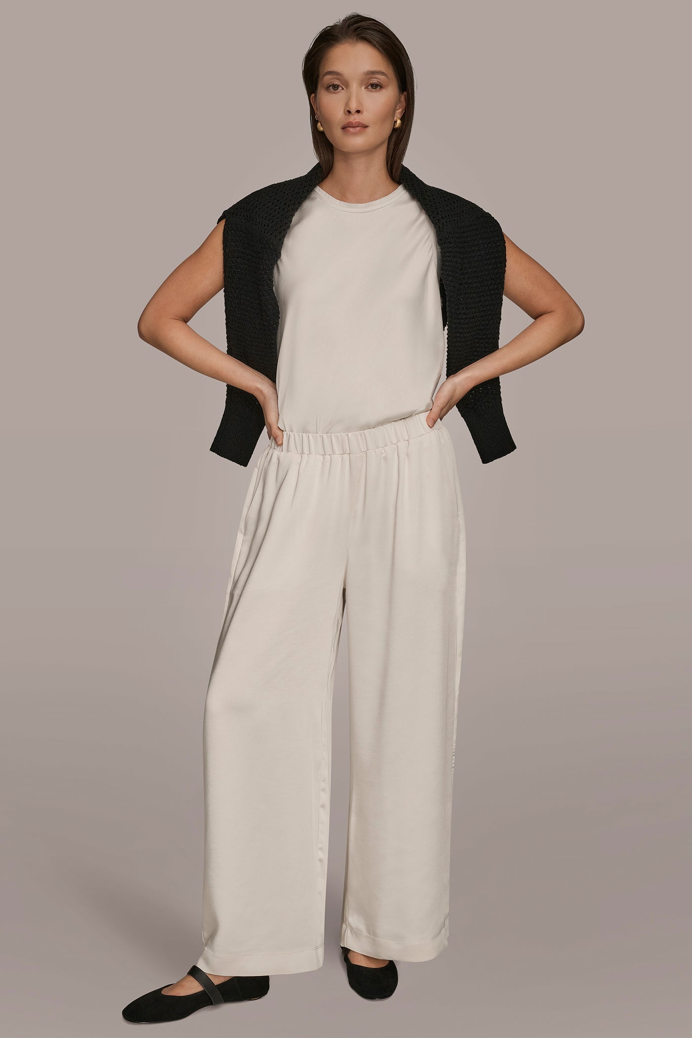 CREAM SATIN MID-RISE RELAXED PANT Donna Karan