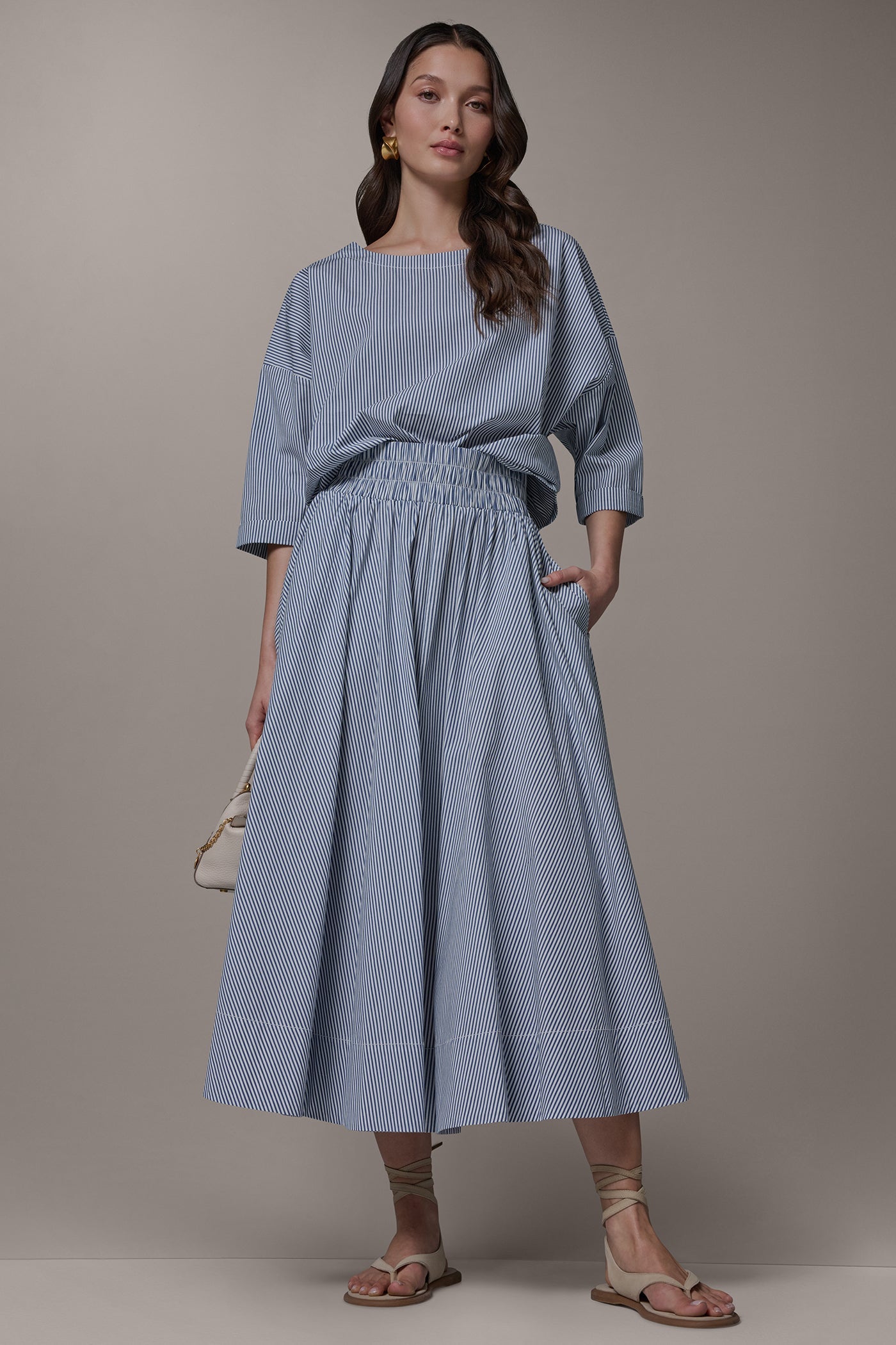 Nightfall/Cream STRIPE MAXI A-LINE SKIRT Donna Karan