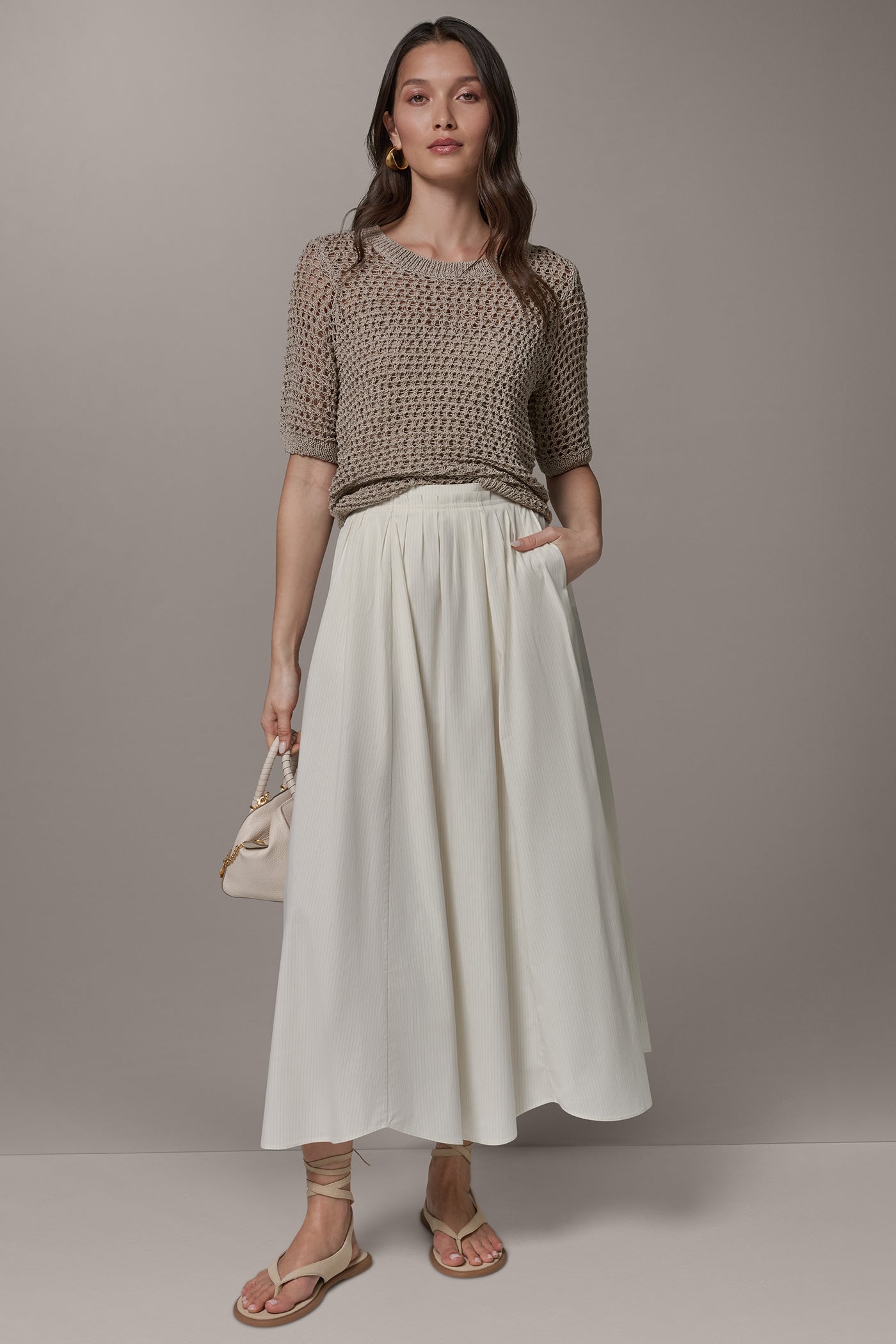 Cream Pinstripe Combo PINSTRIPE MIDI A-LINE SKIRT Donna Karan