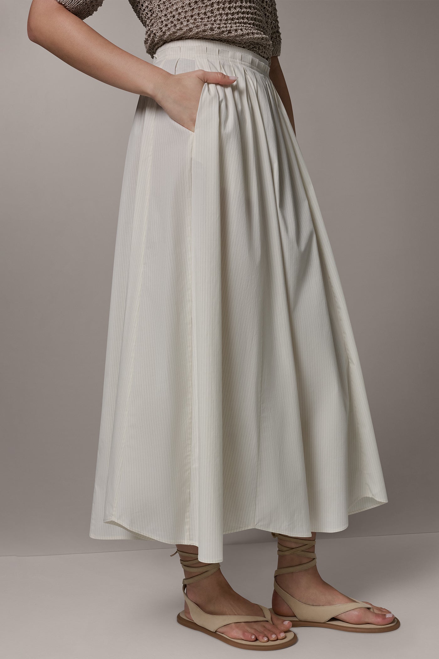 Cream Pinstripe Combo PINSTRIPE MIDI A-LINE SKIRT Donna Karan