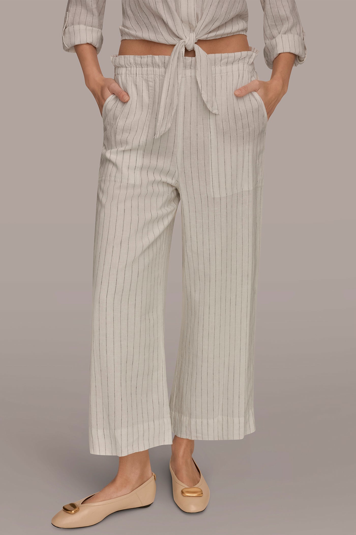 Cream/Black LINEN HIGH-RISE PINSTRIPED PAPERBAG PANT Donna Karan