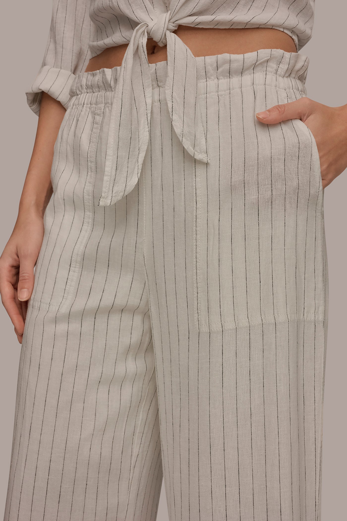 Cream/Black LINEN HIGH-RISE PINSTRIPED PAPERBAG PANT Donna Karan