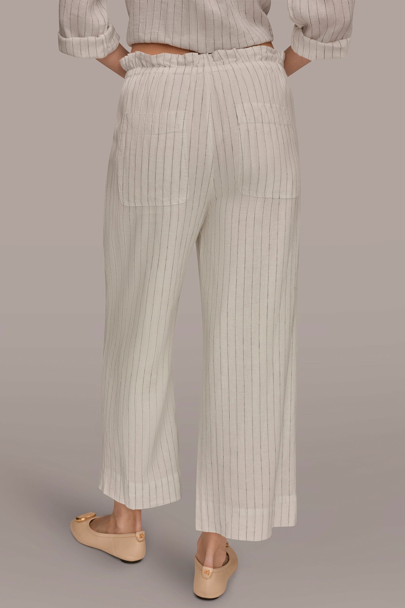 Cream/Black LINEN HIGH-RISE PINSTRIPED PAPERBAG PANT Donna Karan