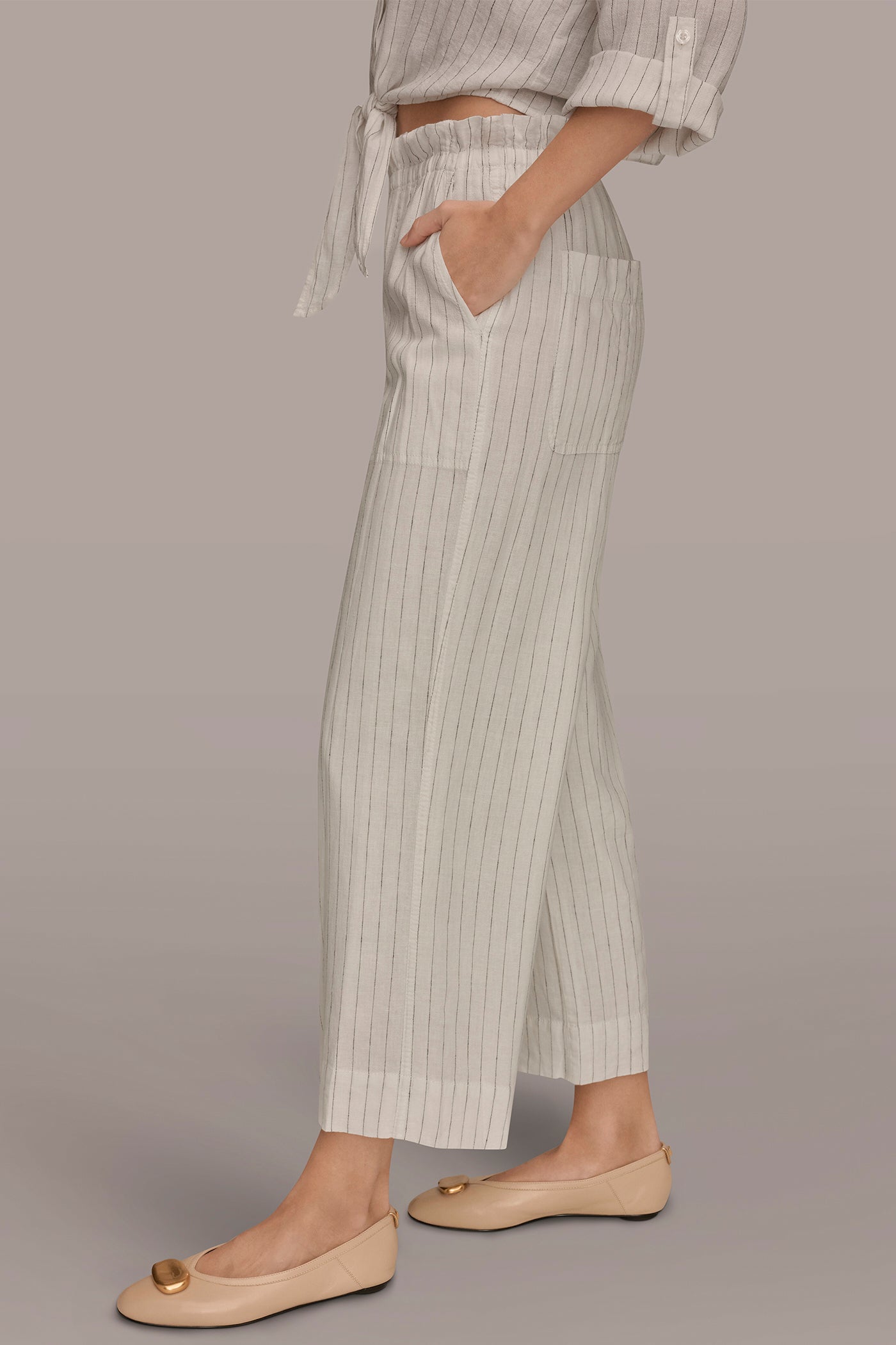Cream/Black LINEN HIGH-RISE PINSTRIPED PAPERBAG PANT Donna Karan