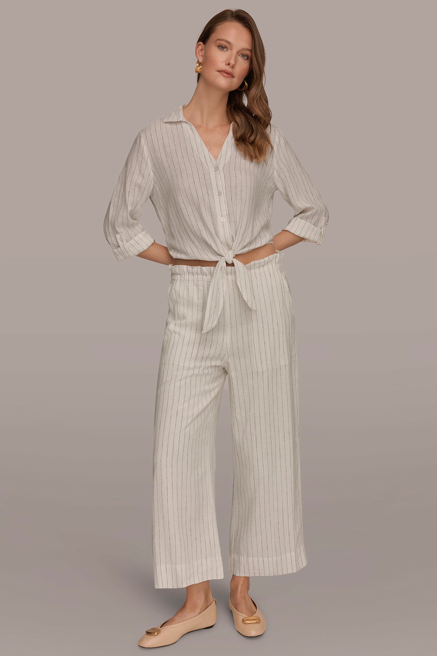 Cream/Black LINEN HIGH-RISE PINSTRIPED PAPERBAG PANT Donna Karan