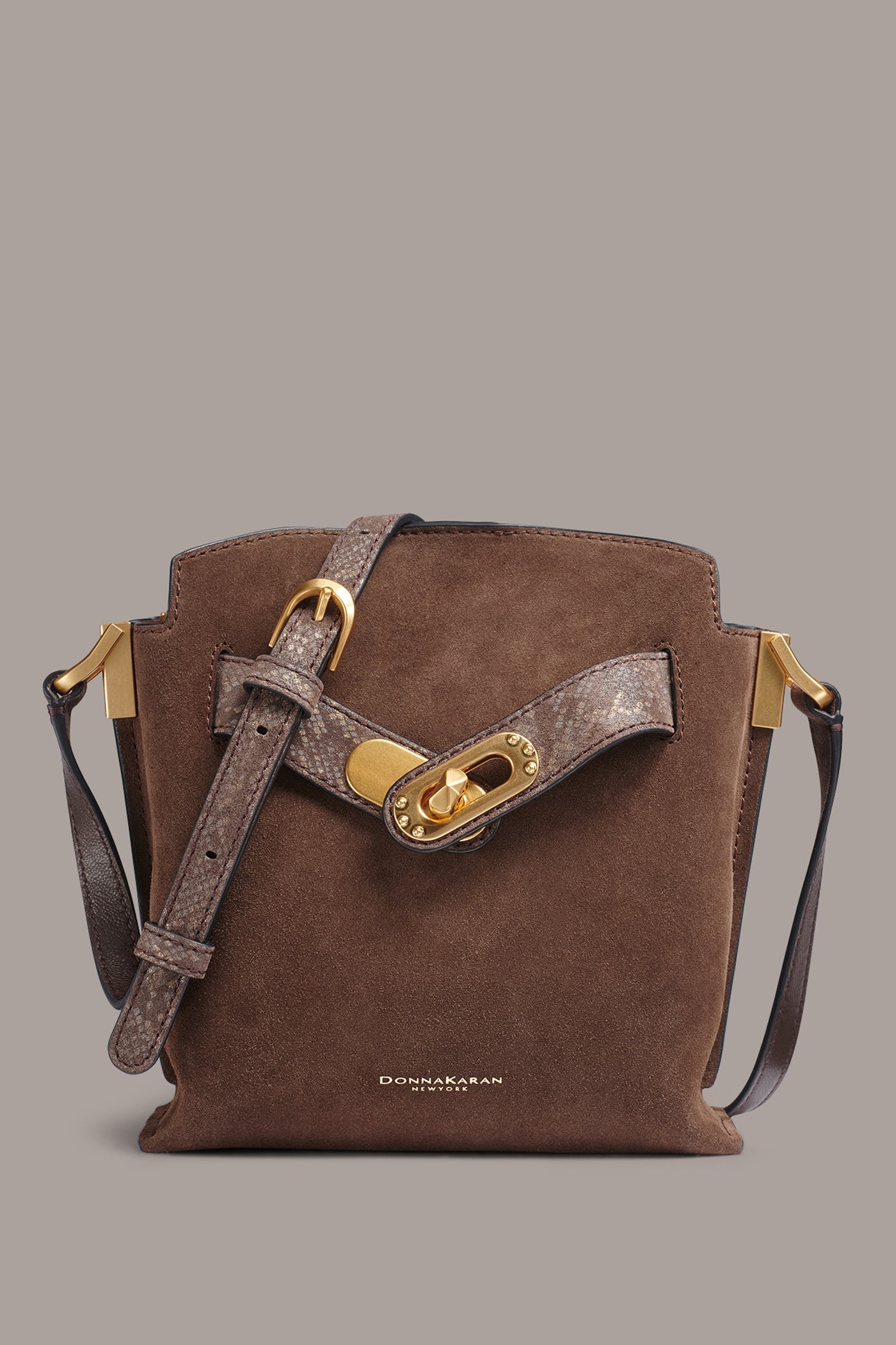 Brown Multi BRIDGEHAMPTON PYTHON SUEDE SMALL CROSSBODY Donna Karan