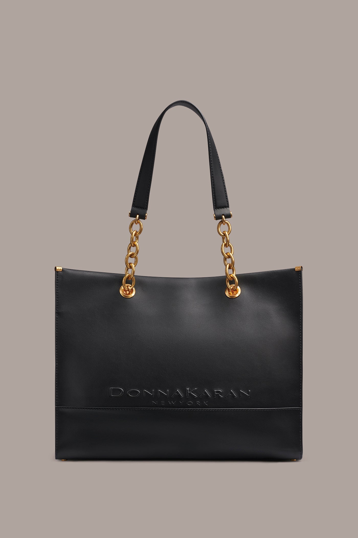Black / Gold MERINO LEATHER LOGO TOTE Donna Karan