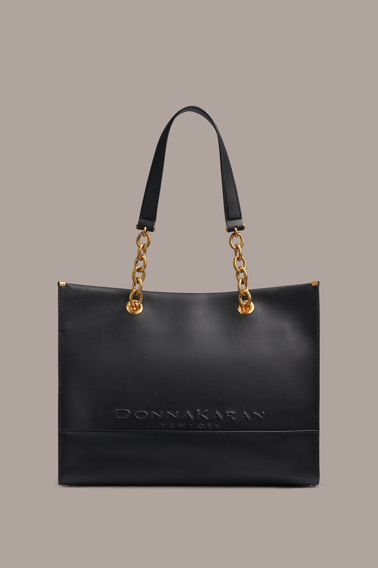 Black / Gold MERINO LEATHER LOGO TOTE Donna Karan