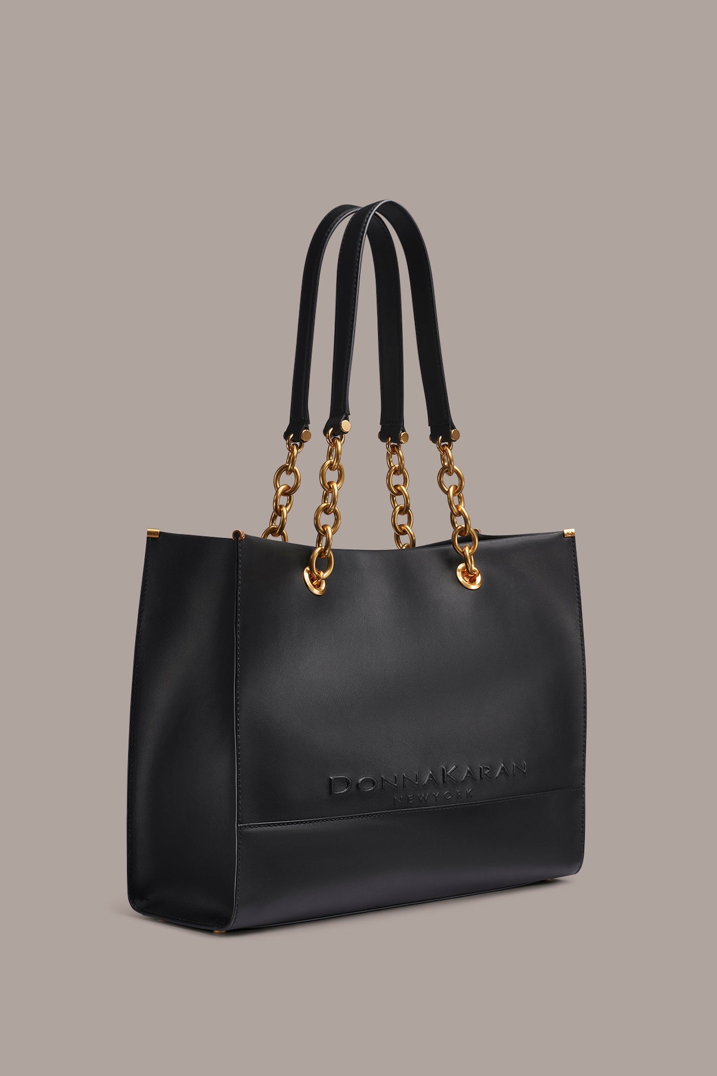 Black / Gold MERINO LEATHER LOGO TOTE Donna Karan