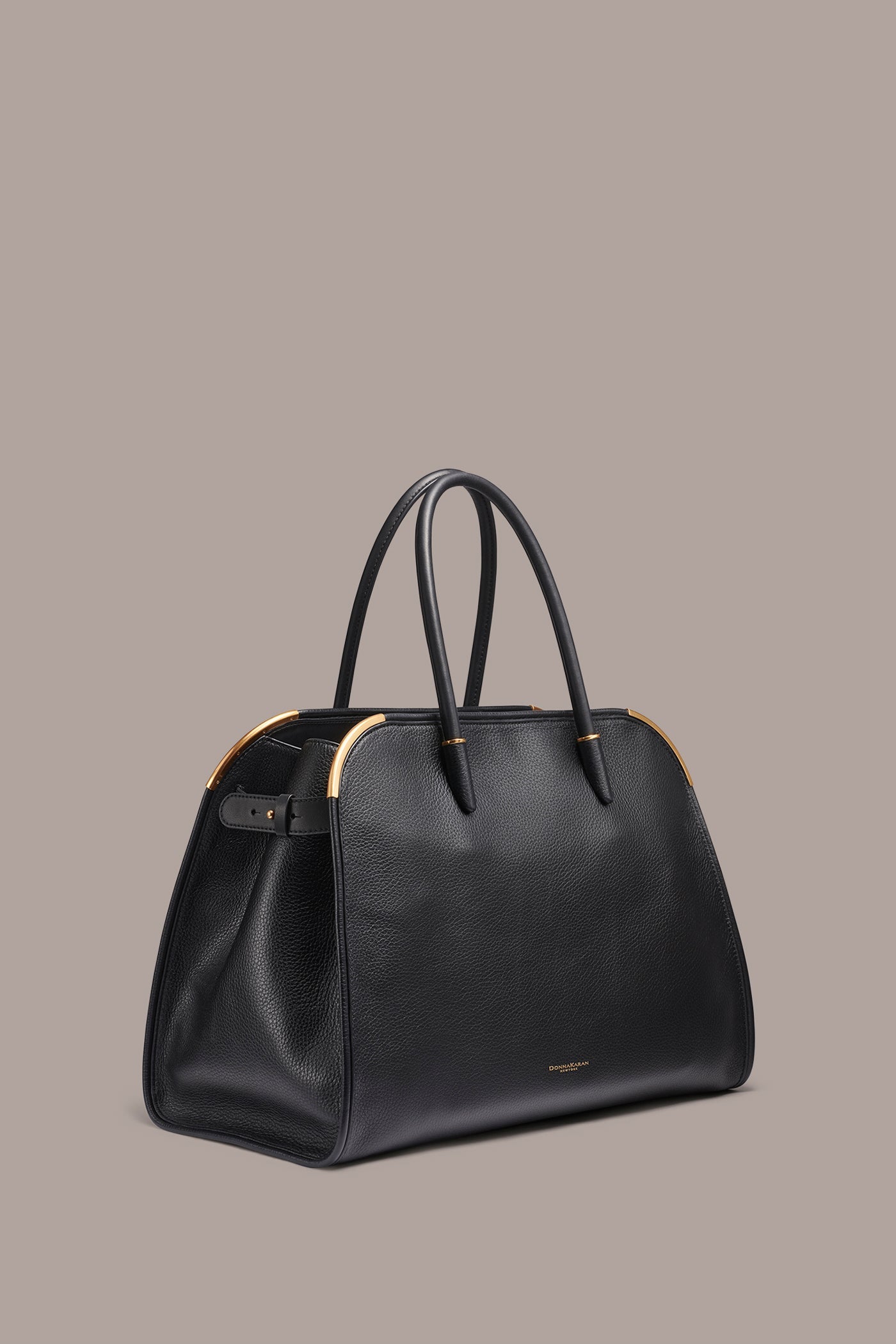 Black / Gold SATIN LEATHER TOTE Donna Karan