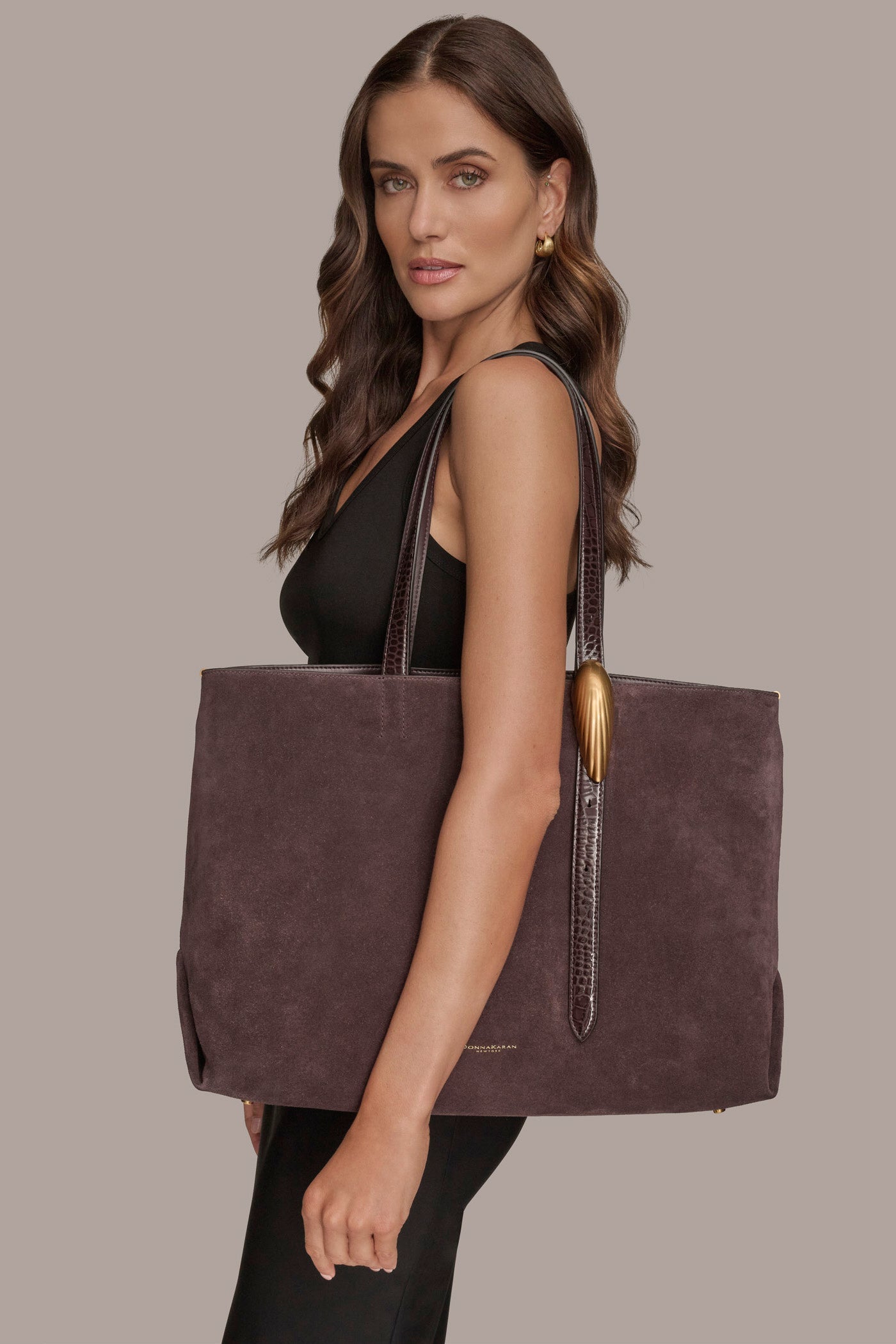 CHOCOLATE PLUM GEORGETTE SUEDE TOTE Donna Karan