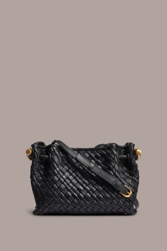 Black / Gold CASHMERE WOVEN LEATHER CROSSBODY BAG Donna Karan