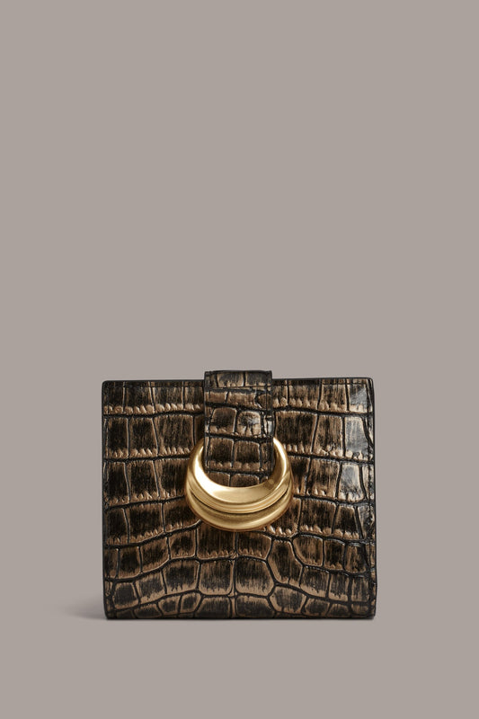 BLACK/GOLD VALLEY STREAM METALLIC CROC-EFFECT SMALL WALLET Donna Karan