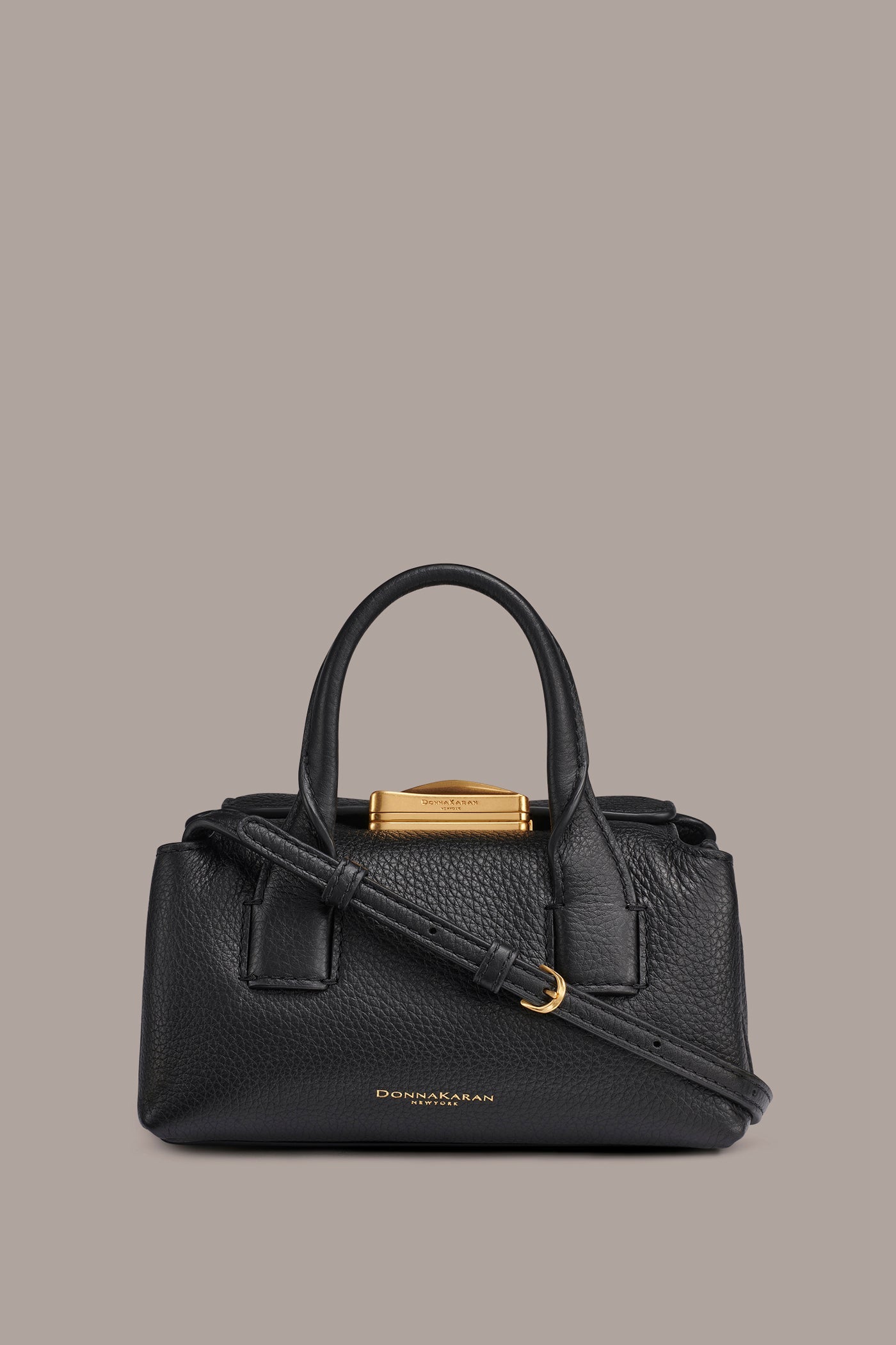 Black / Gold AMAGANSETT LEATHER MINI SATCHEL BAG Donna Karan
