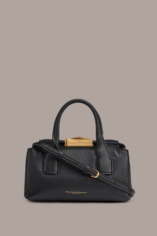 Black / Gold AMAGANSETT LEATHER MINI SATCHEL BAG Donna Karan
