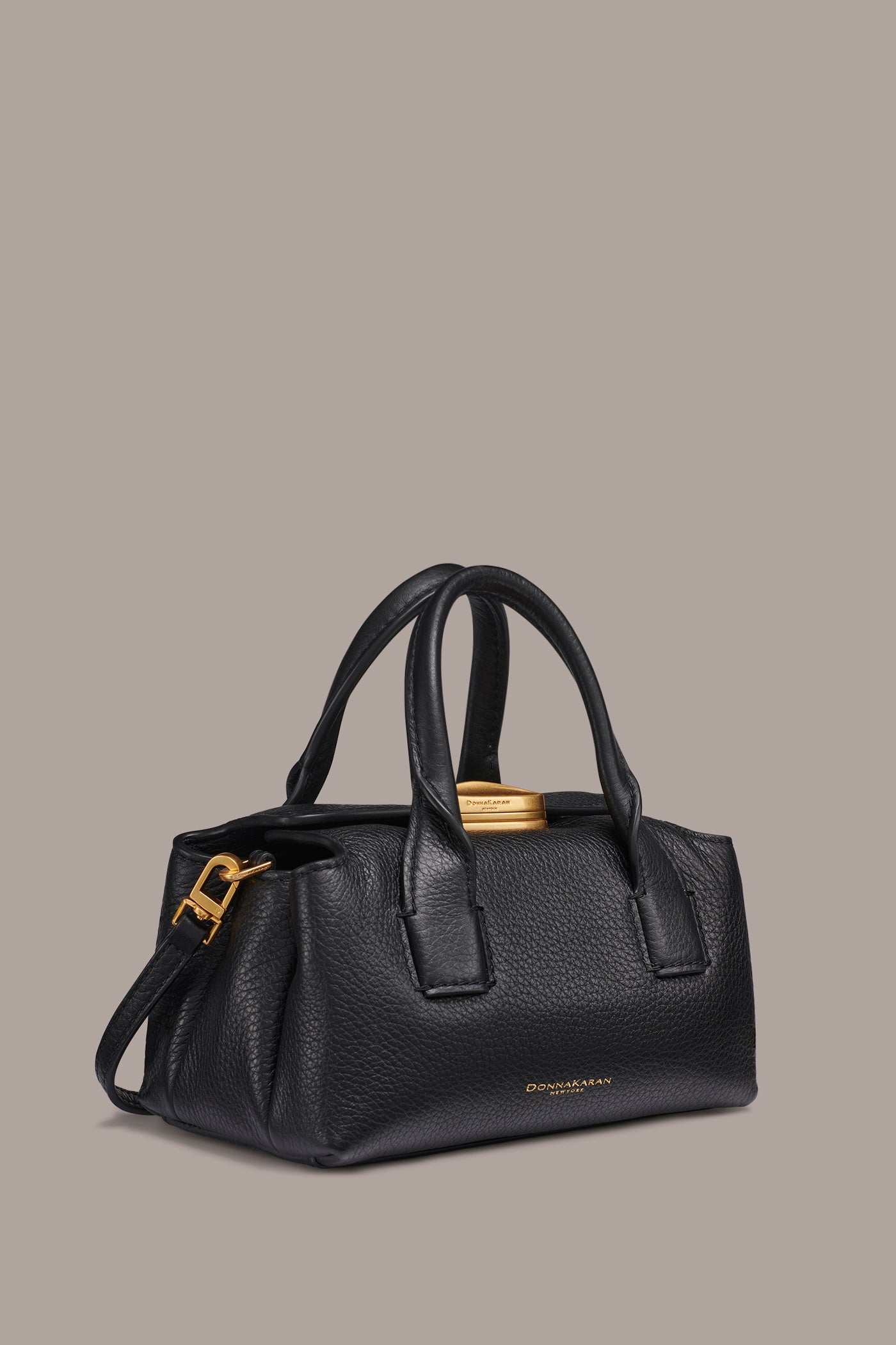 Black / Gold AMAGANSETT LEATHER MINI SATCHEL BAG Donna Karan
