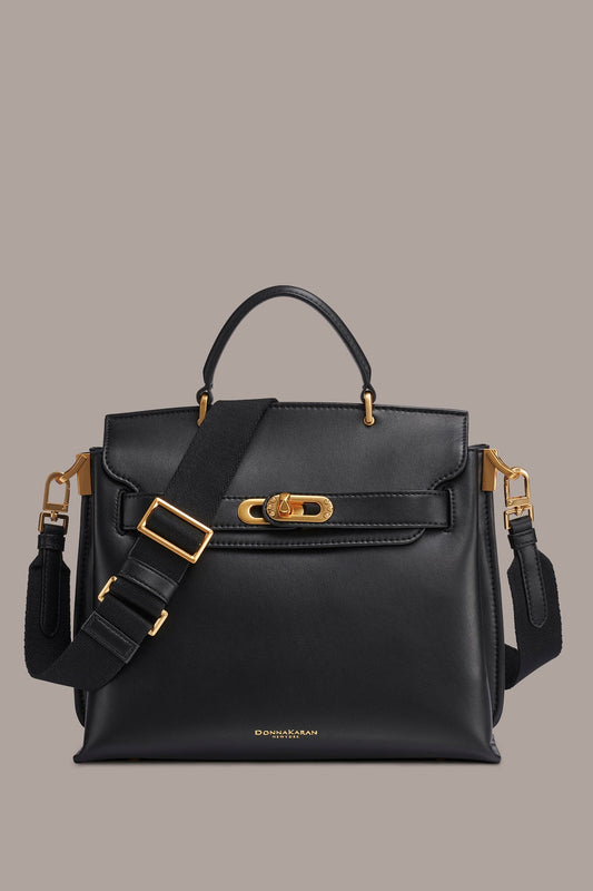 Black / Gold BRIDGEHAMPTON LEATHER SATCHEL BAG Donna Karan