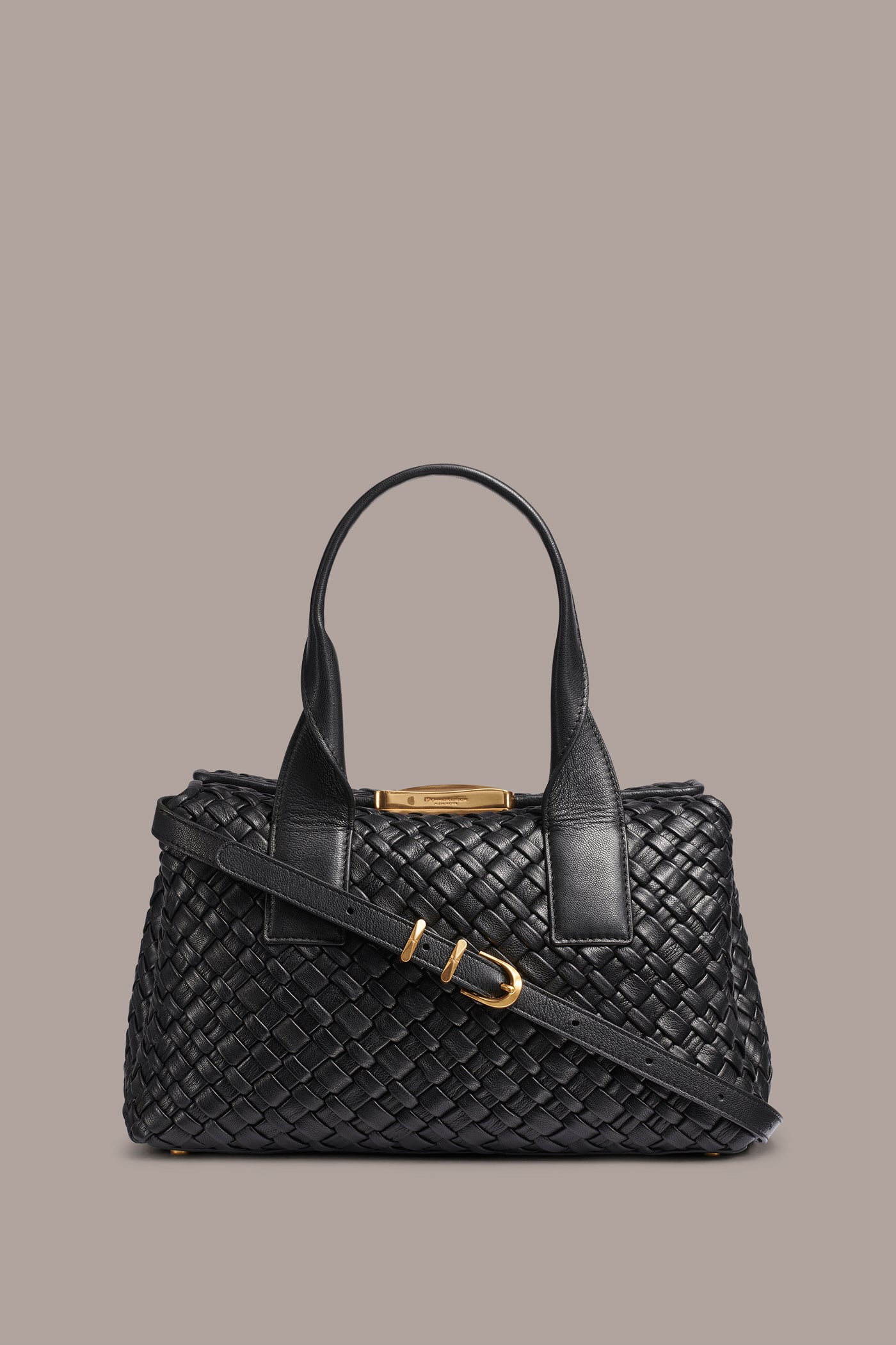 Black / Gold AMAGANSETT WOVEN LEATHER SATCHEL BAG Donna Karan