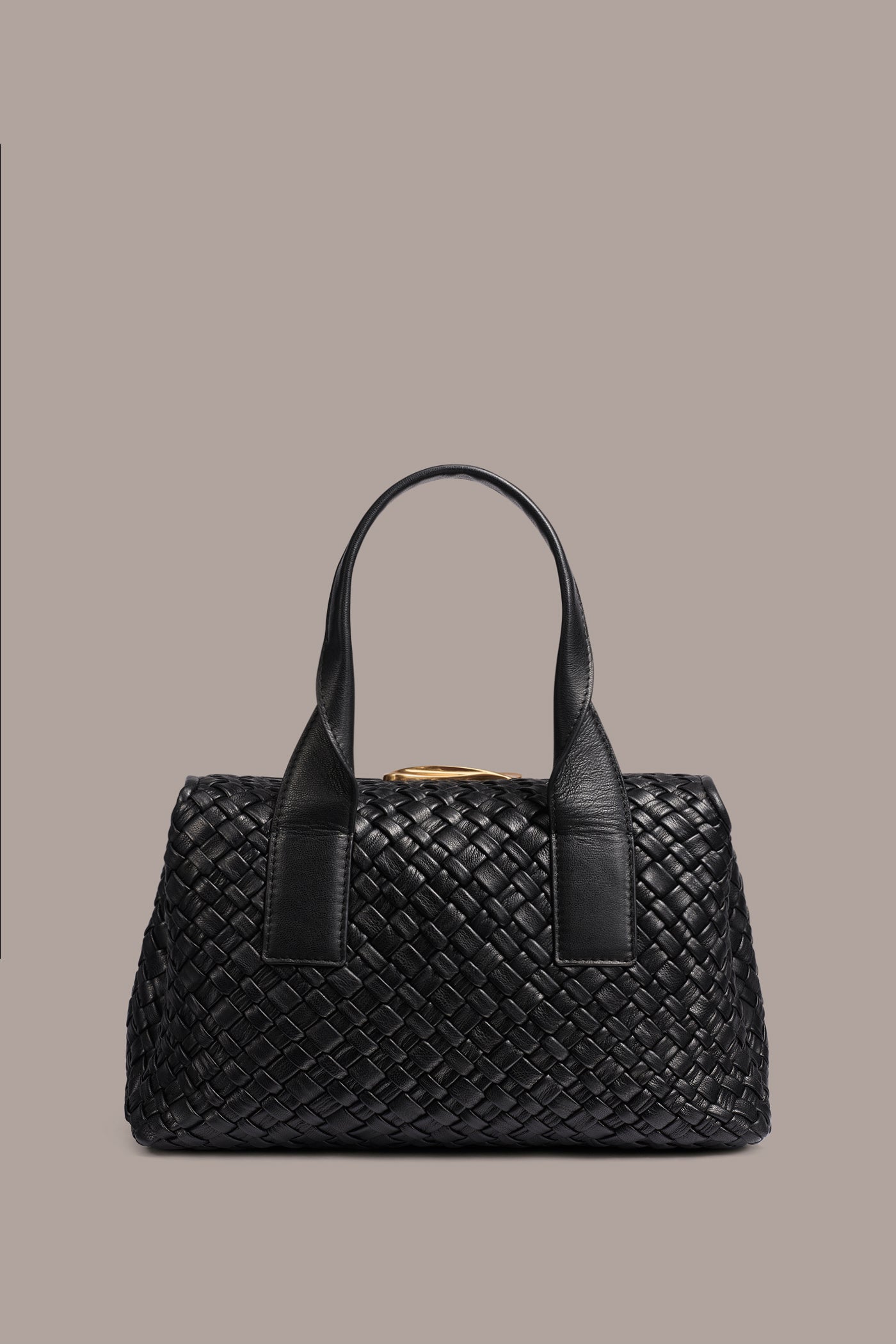 Black / Gold AMAGANSETT WOVEN LEATHER SATCHEL BAG Donna Karan