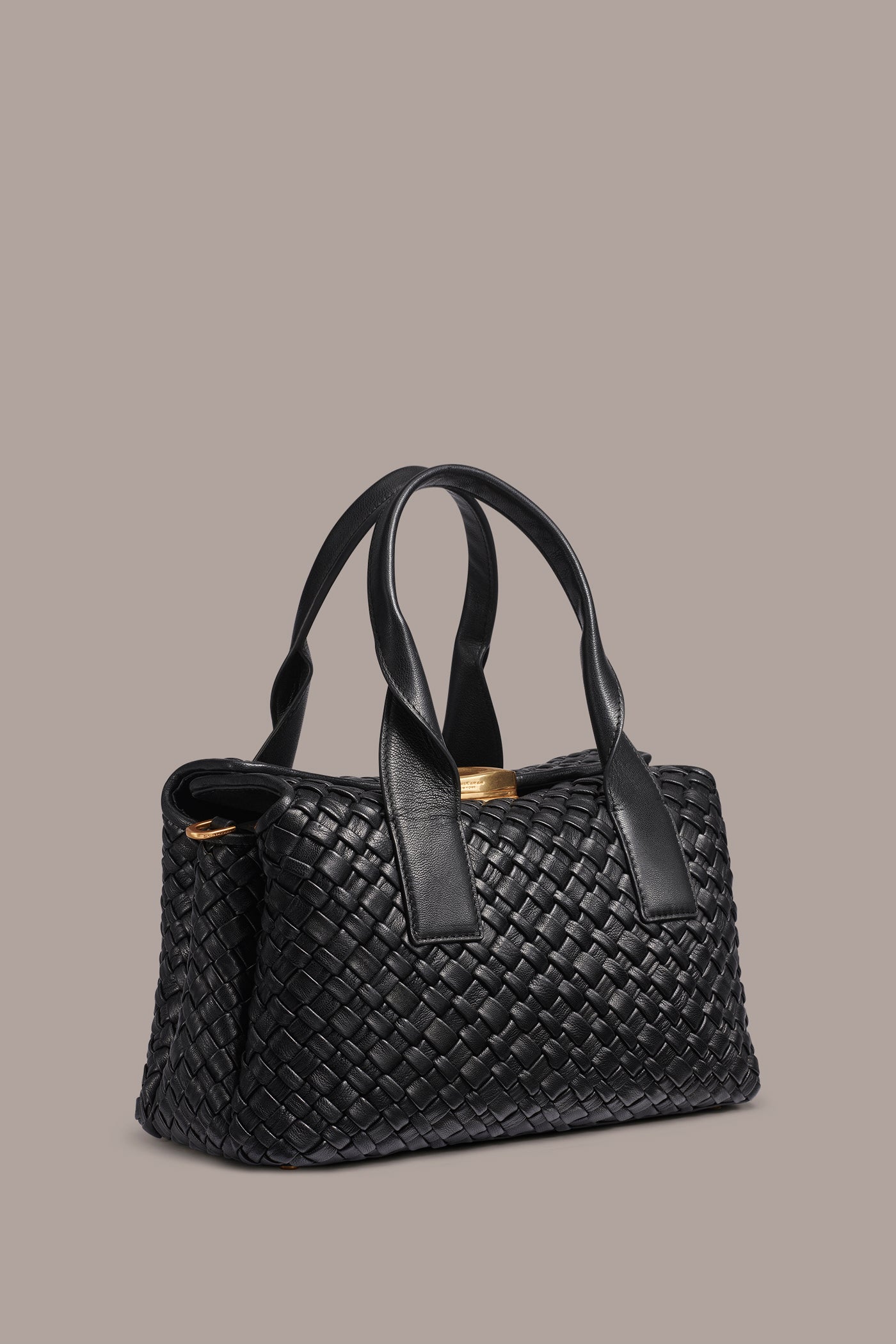 Black / Gold AMAGANSETT WOVEN LEATHER SATCHEL BAG Donna Karan