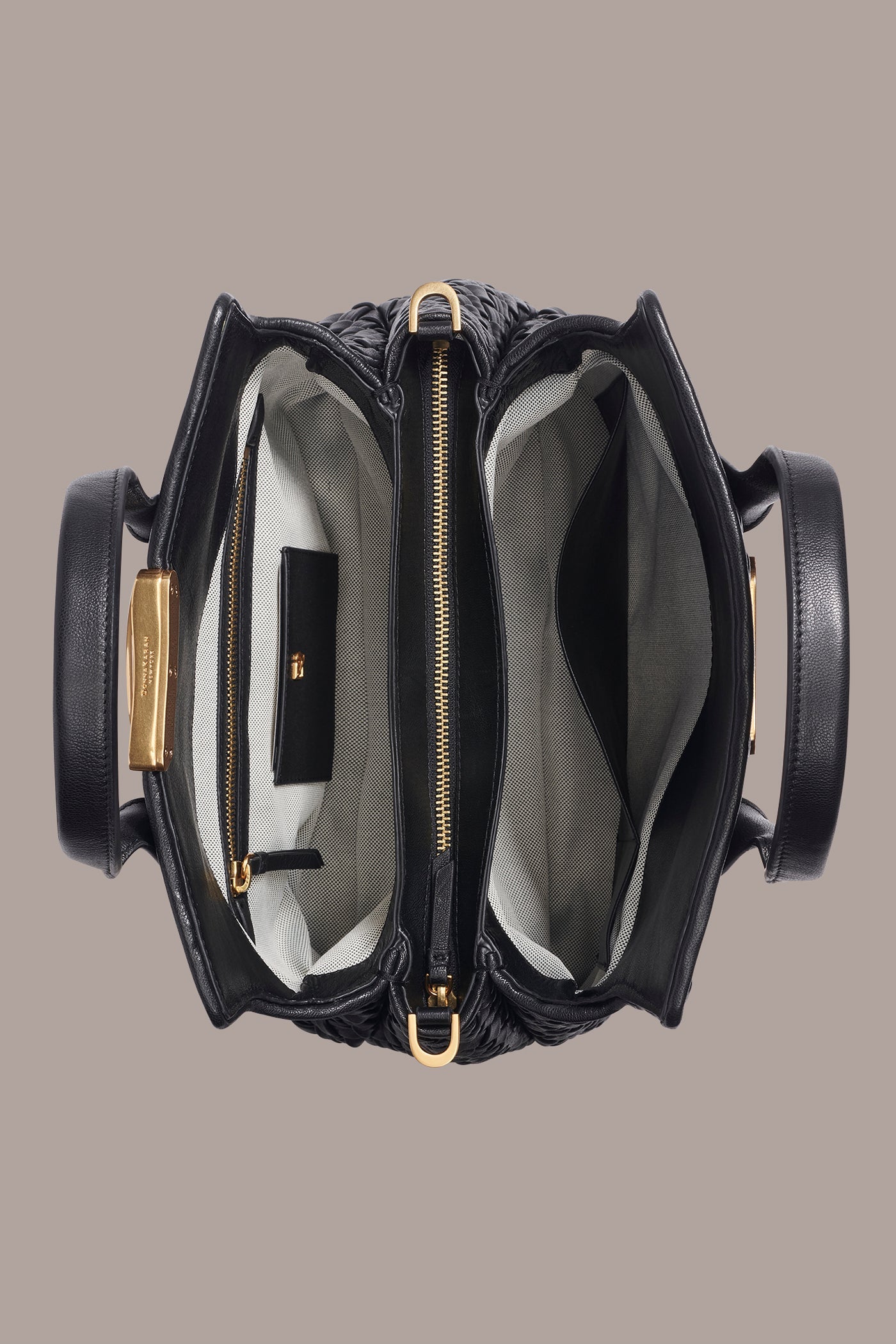 Black / Gold AMAGANSETT WOVEN LEATHER SATCHEL BAG Donna Karan