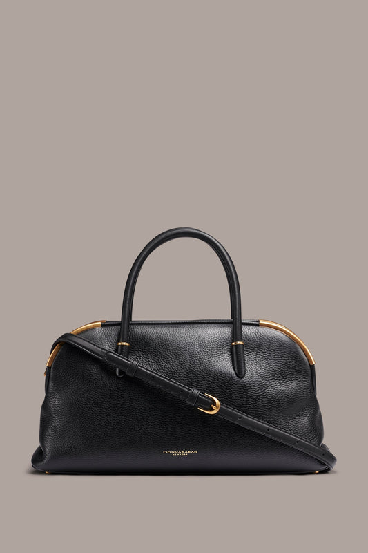 Black / Gold SATIN LEATHER SATCHEL Donna Karan