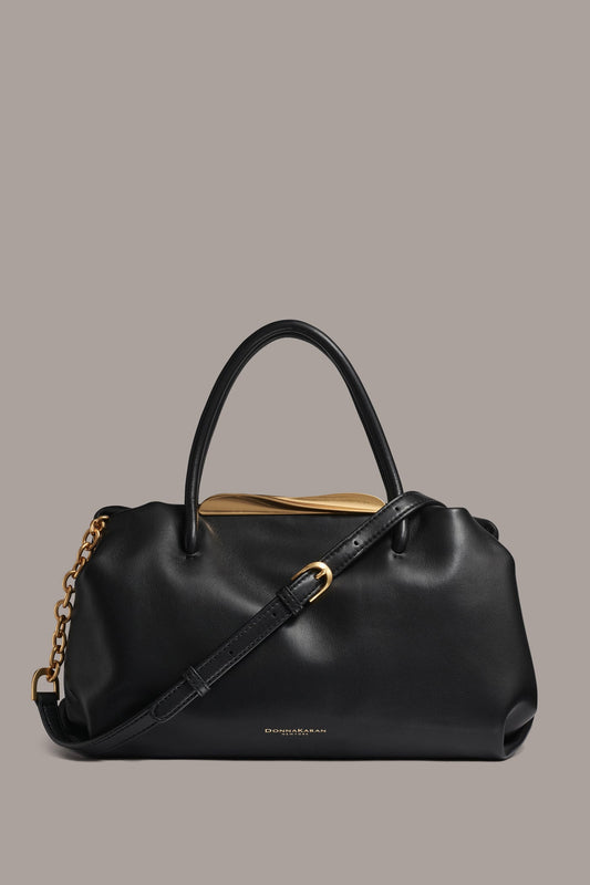 Black / Gold POPLIN LEATHER SATCHEL BAG Donna Karan